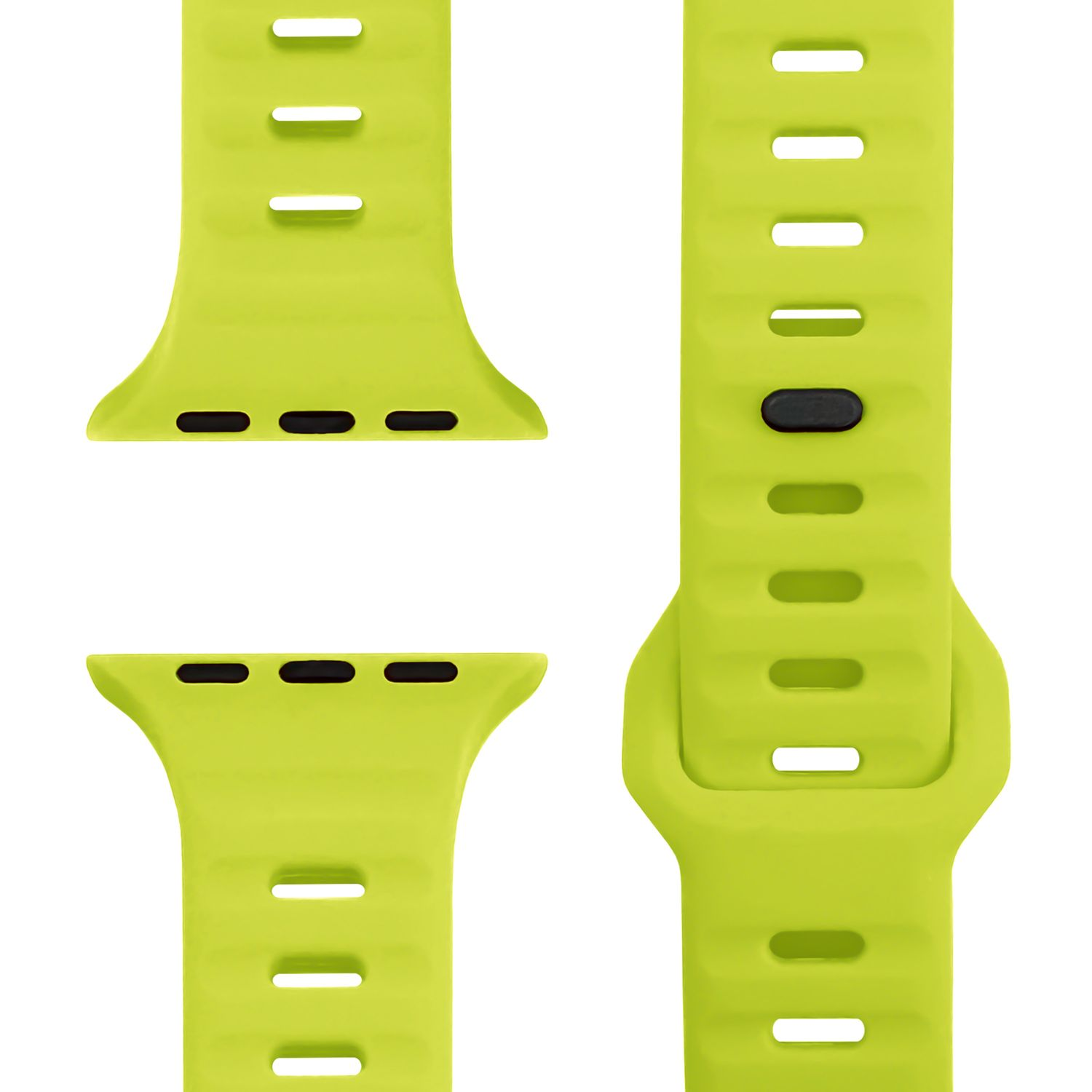 Hellgrüne Uhrenarmbänder, drei Segmente, mit mehreren Löchern und schwarzen Steckern, weißer Hintergrund.