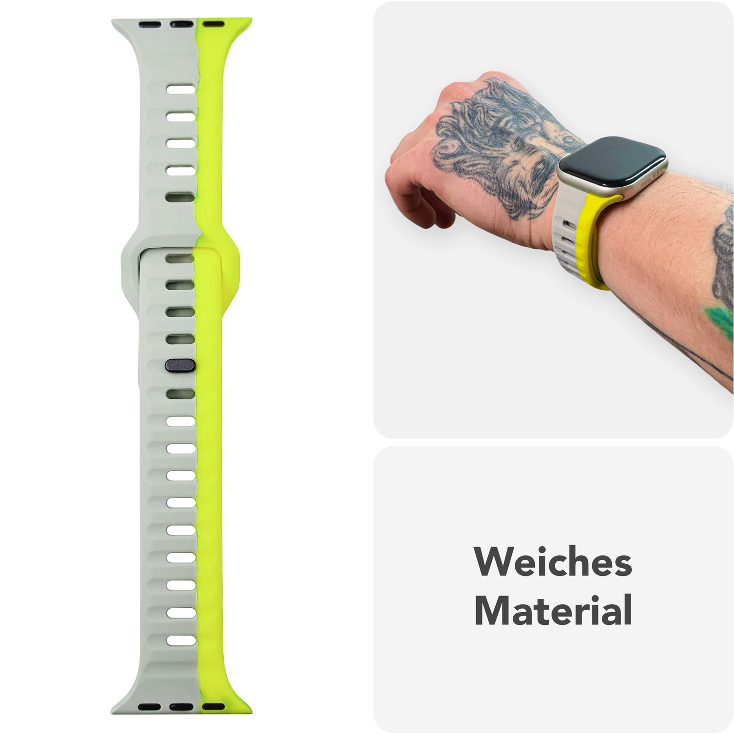 Uhrband ist grau mit gelben Kanten. Eine Person mit Tätowierungen trägt die Uhr. Text: Weiches Material.