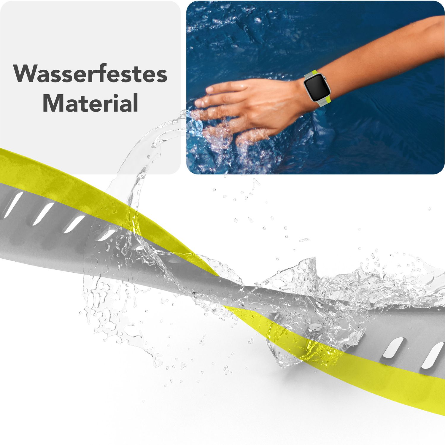 Armband im Wasser. Grau mit gelbem Innen. Text: Wasserdichtes Material.
