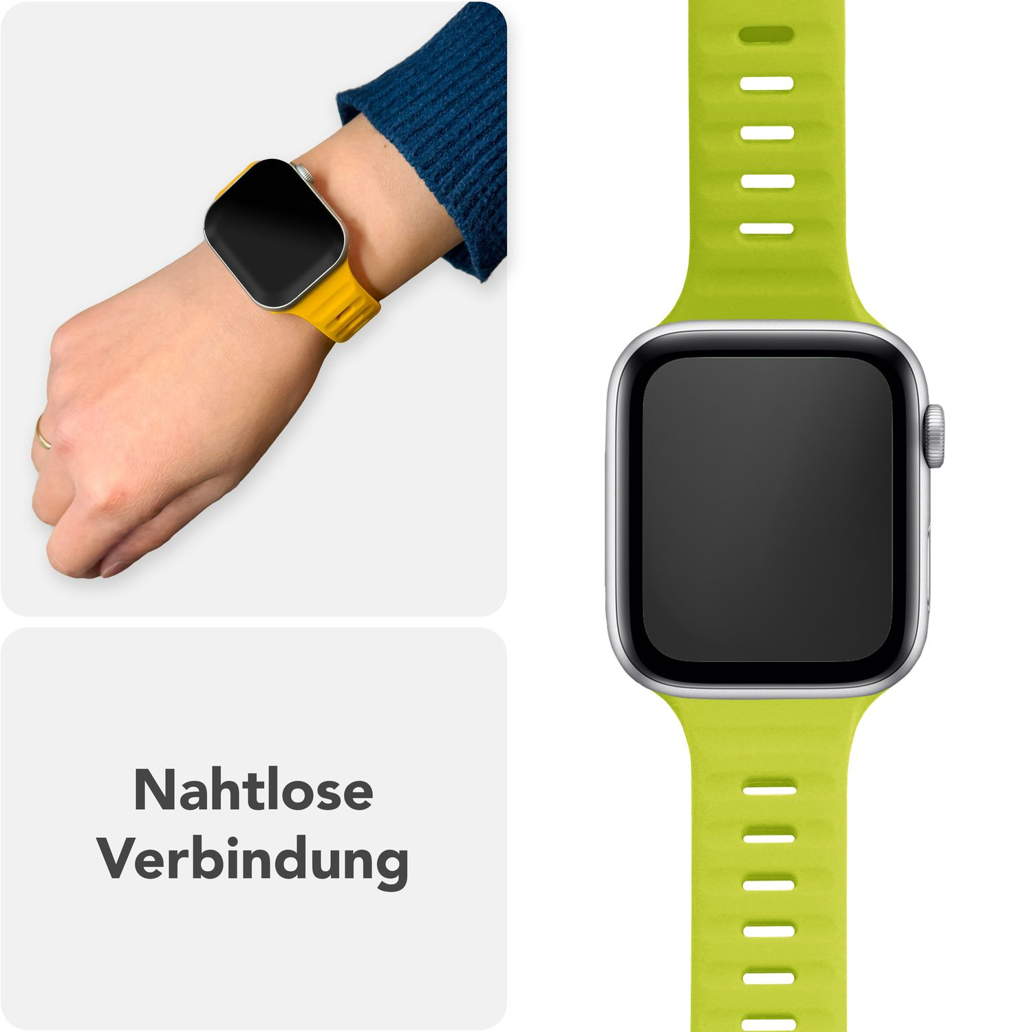 Handgelenk einer Frau mit gelbem Armband. Uhr hat einen schwarzen Bildschirm. Text: Nahtlose Verbindung.