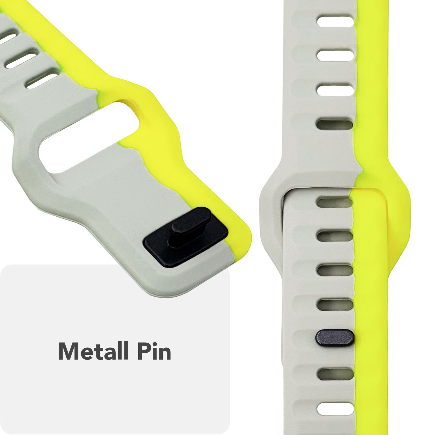 Nahaufnahme von Armbandteilen. Eines hat einen Metallstift, das andere hat Löcher. Gelb-graues Farbschema.