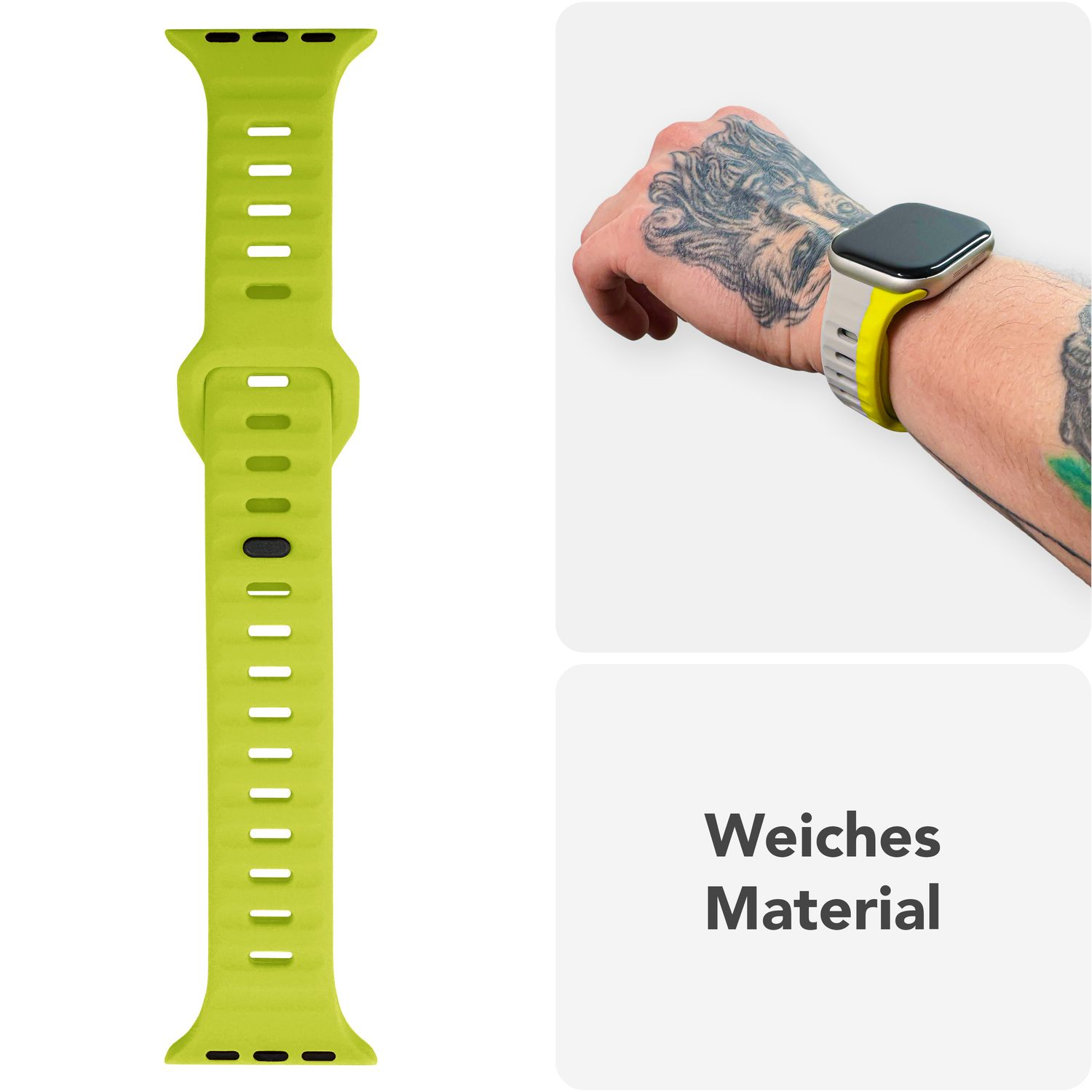Ein limettengrünes Uhrenarmband mit einer Uhr an einem tätowierten Handgelenk. Das Armband ist mit der Uhr verbunden.