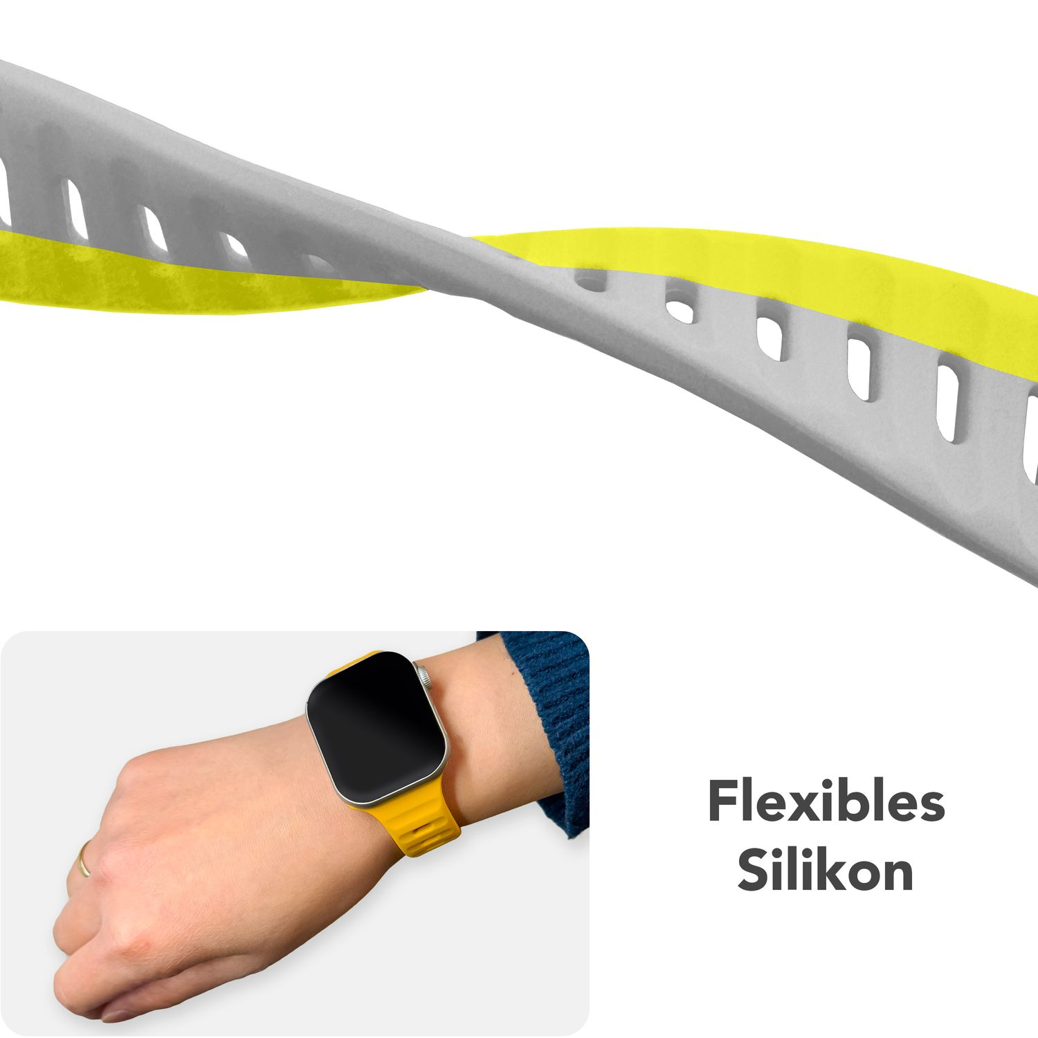 Uhrband gebogen. Grau mit gelbem Innen. Eine Frau trägt ein gelbes Uhrband. Text: Flexibles Silikon.