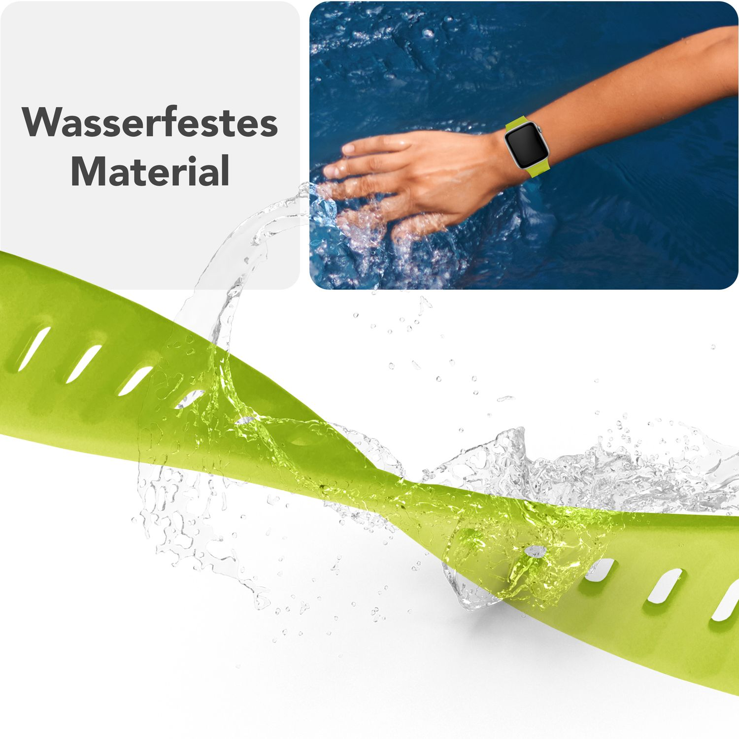 Grünes Uhrenarmband mit Wasserspritzern. Uhr am Handgelenk in der Ecke.
