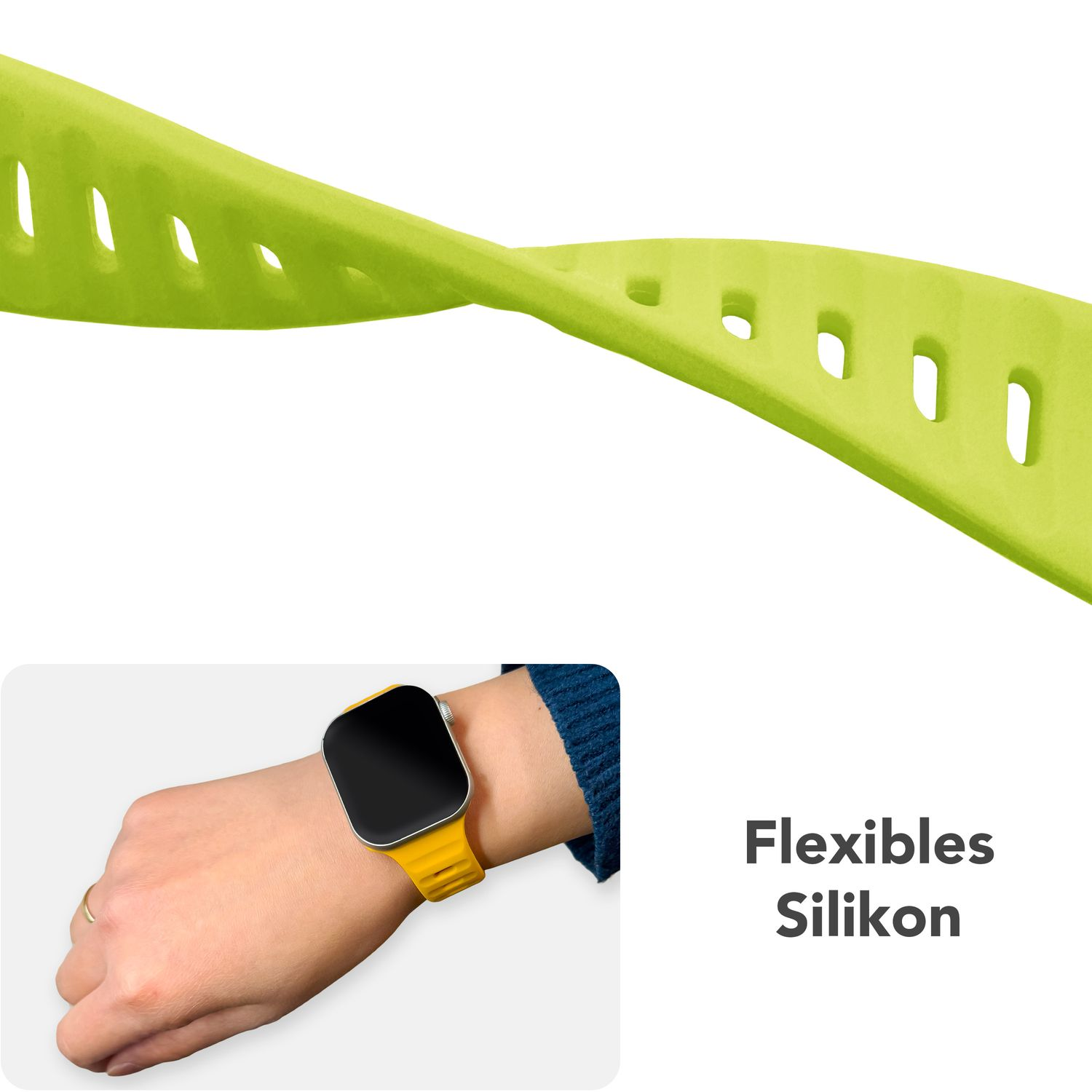 Uhrband gebogen. Grau mit gelbem Innen. Eine Frau trägt ein gelbes Uhrband. Text: Flexibles Silikon.