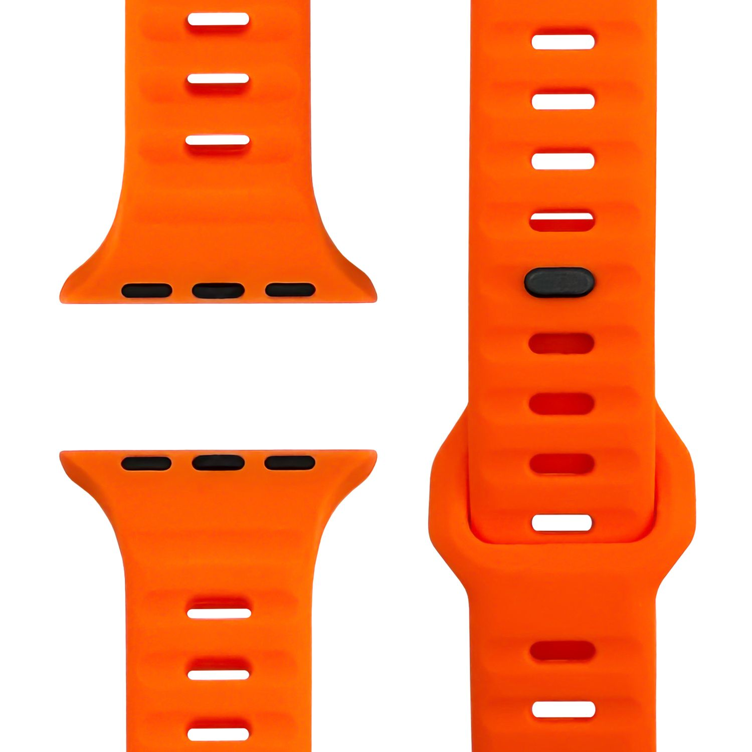 Orangenes Armband. Drei Teile: zwei Enden und ein langes Stück. Alle haben Löcher.