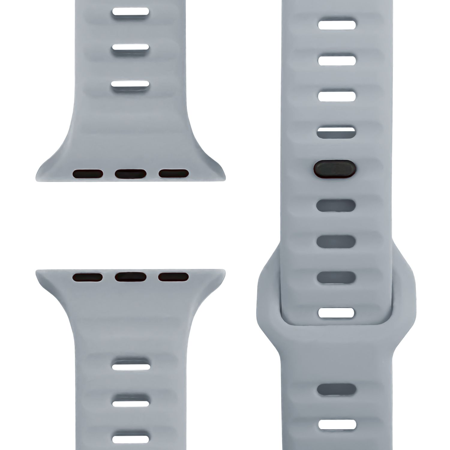 Graues Armband. Drei Teile: zwei Enden und ein langes Stück. Alle haben Löcher.