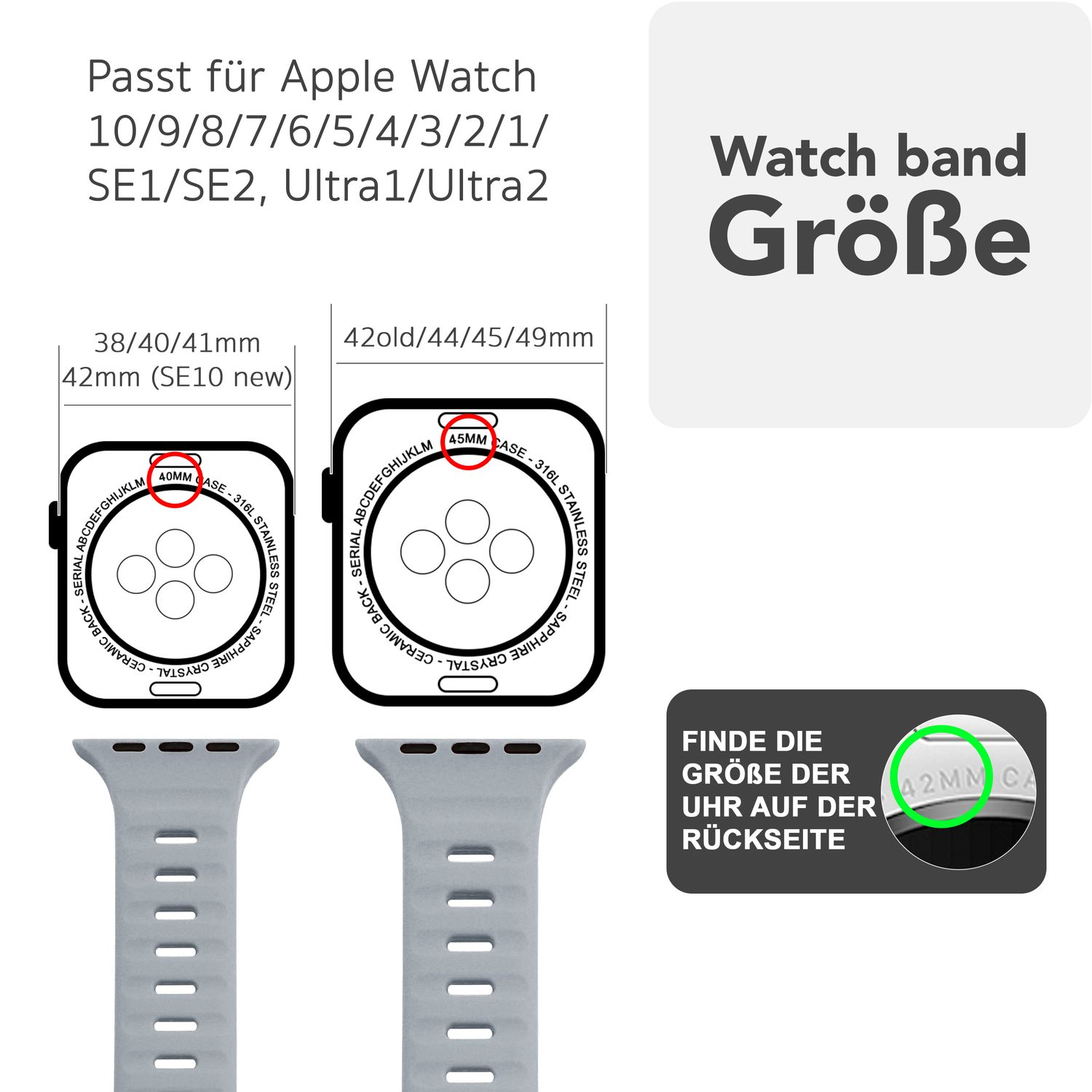 Diagramm mit Kompatibilität der Uhrengröße. Text auf Deutsch: Passend für Apple Watch. Größen und Zeichnungen.