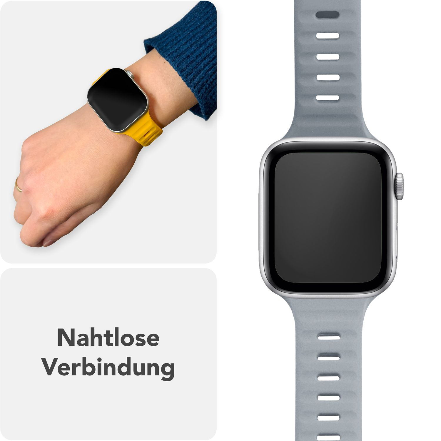 Frau mit Smartwatch. Eine Uhr am Handgelenk mit gelbem Band. Eine Uhr mit grauem Band. Der Text sagt nahtlose Verbindung.