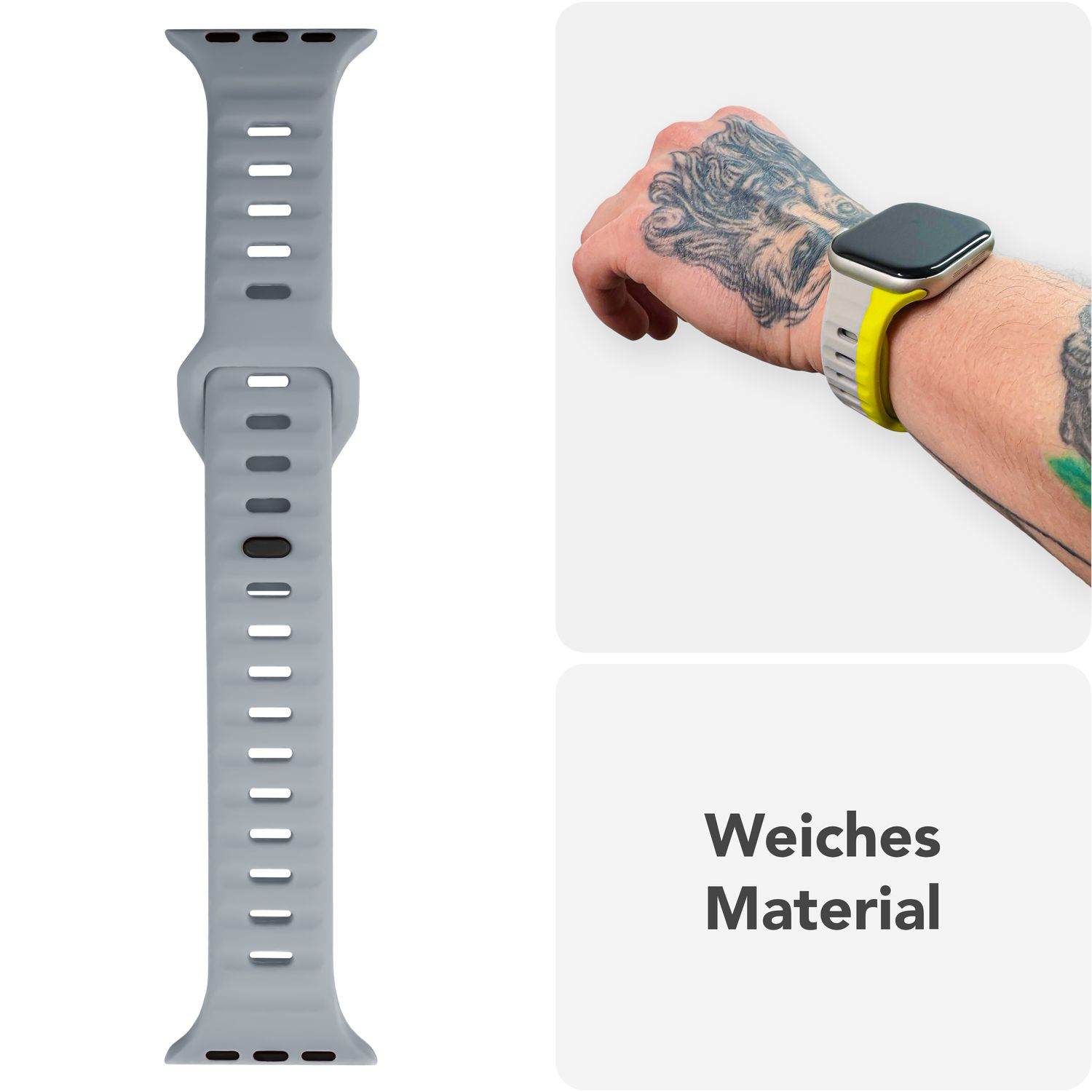 Ein graues Uhrenarmband und ein Handgelenk mit einer gelb-grauen Uhr. Text: 'Weiches Material'.