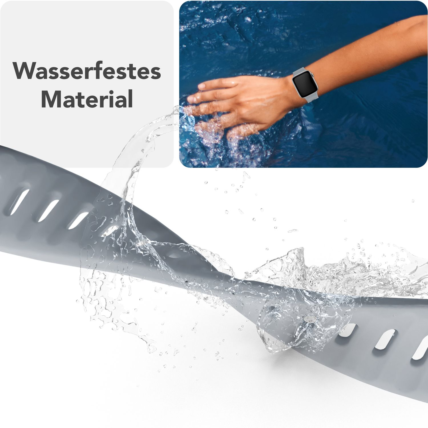 Wasser fließt über ein graues Armband mit dem Text "Wasserdichtes Material".