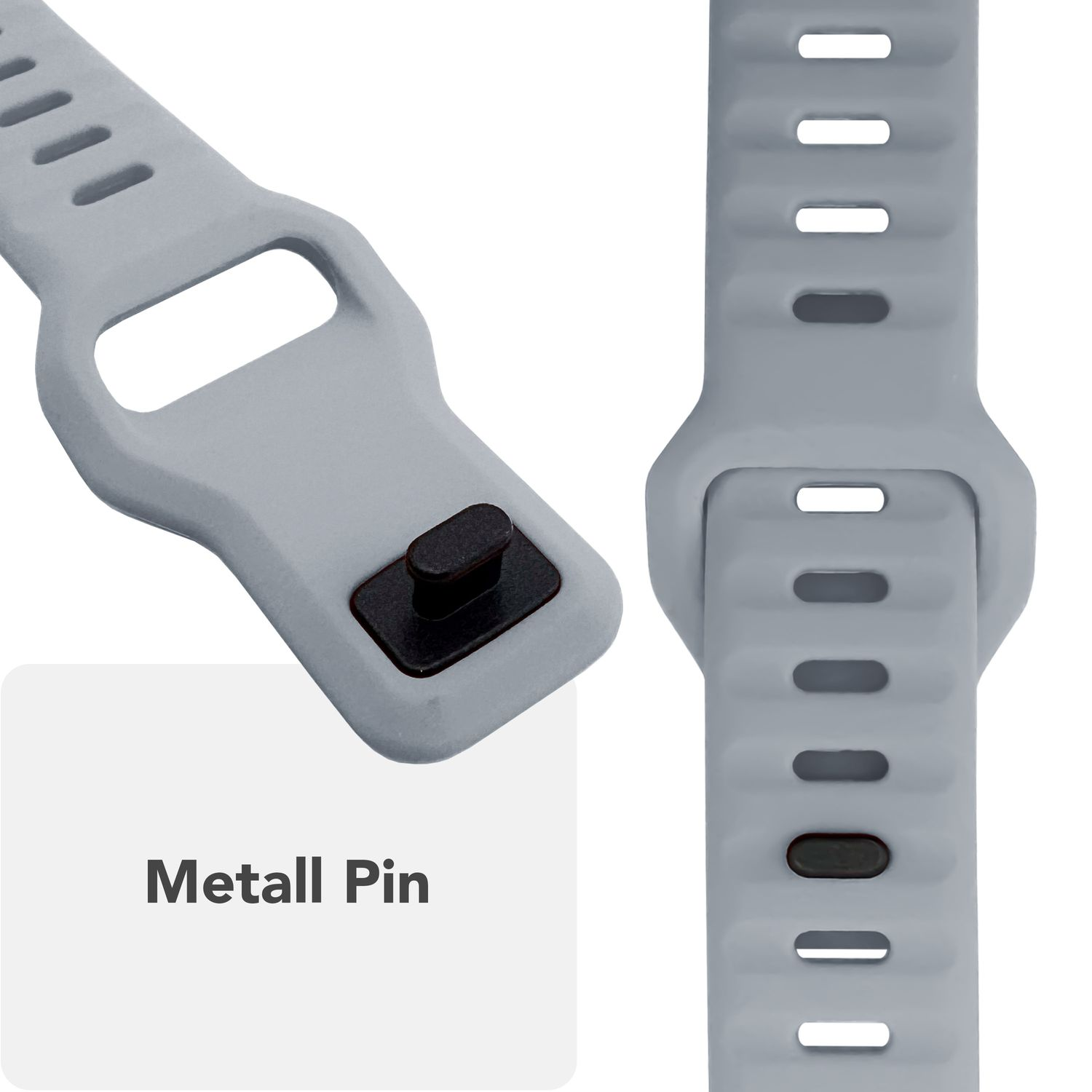 Nahaufnahme eines grauen Uhrenarmbands mit einem schwarzen Metallstift.