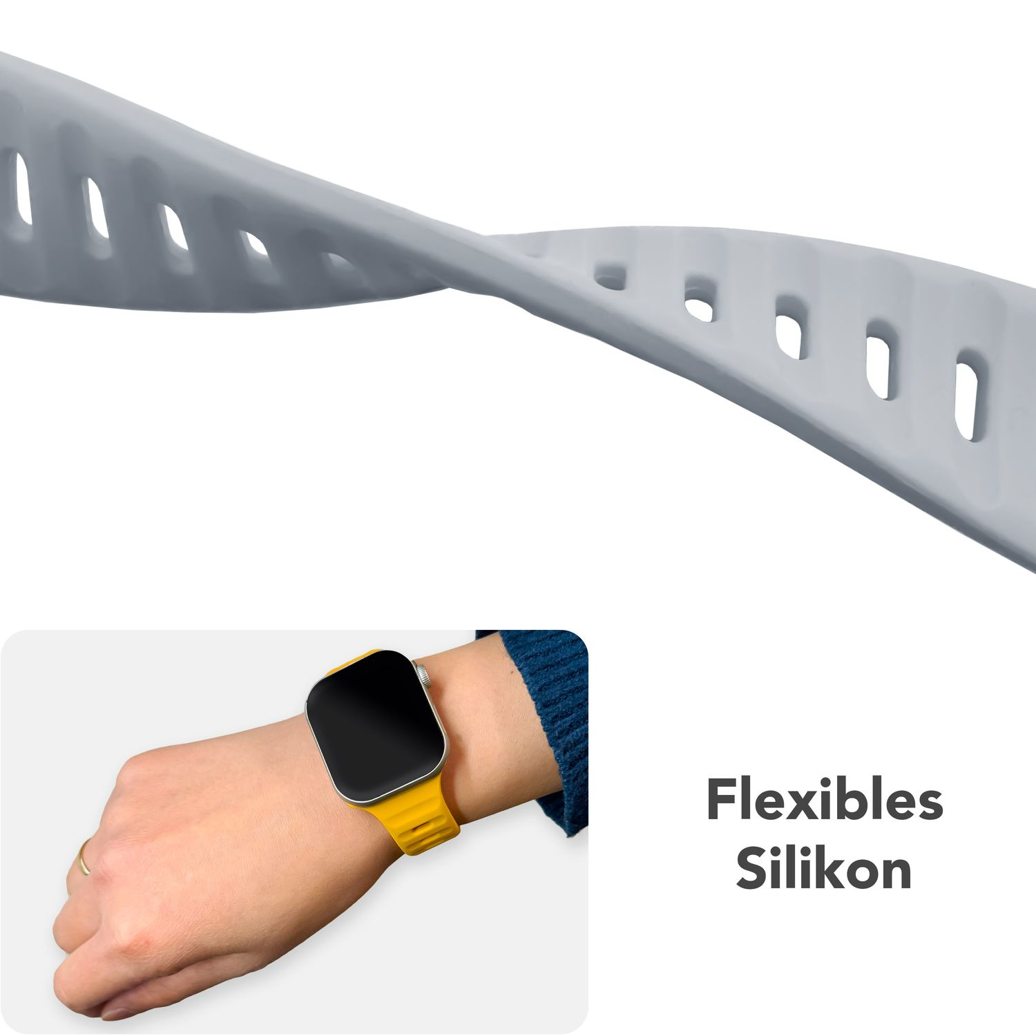 Das Handgelenk einer Frau mit einer Uhr, die ein gelbes Band hat. Ein flexibles graues Uhrenarmband ist sichtbar.