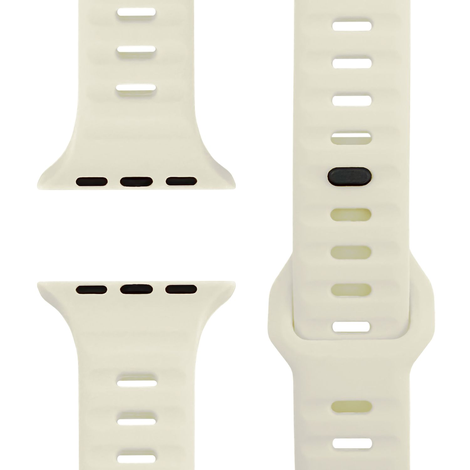 Nahaufnahme eines cremefarbenen Uhrenarmbands. Das Band hat Löcher und ist für eine Smartwatch konzipiert.