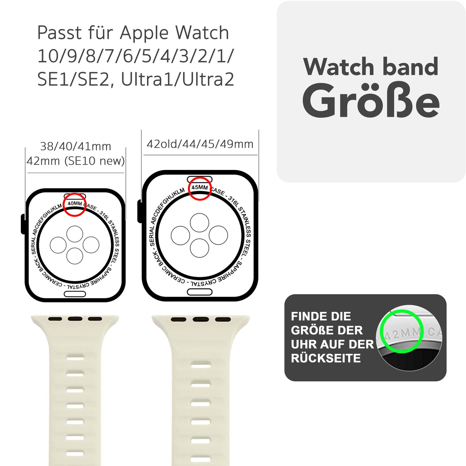 Diagramm mit Kompatibilität der Uhrengröße. Text auf Deutsch: Passend für Apple Watch. Größen und Zeichnungen.
