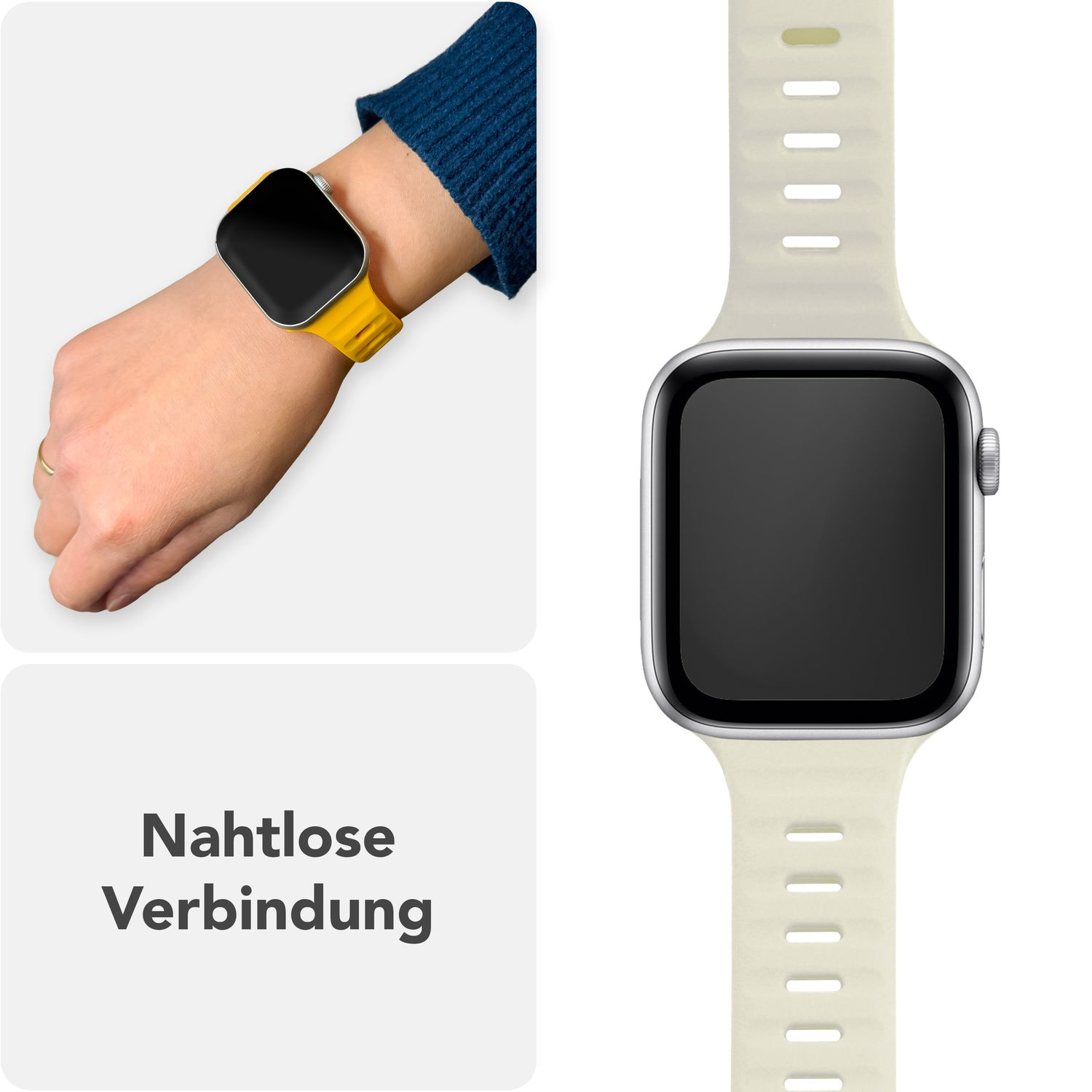 Die Hand einer Frau mit einer Uhr, die mit einem cremefarbenen Uhrenarmband verbunden ist. Uhr hat schwarzen Bildschirm.