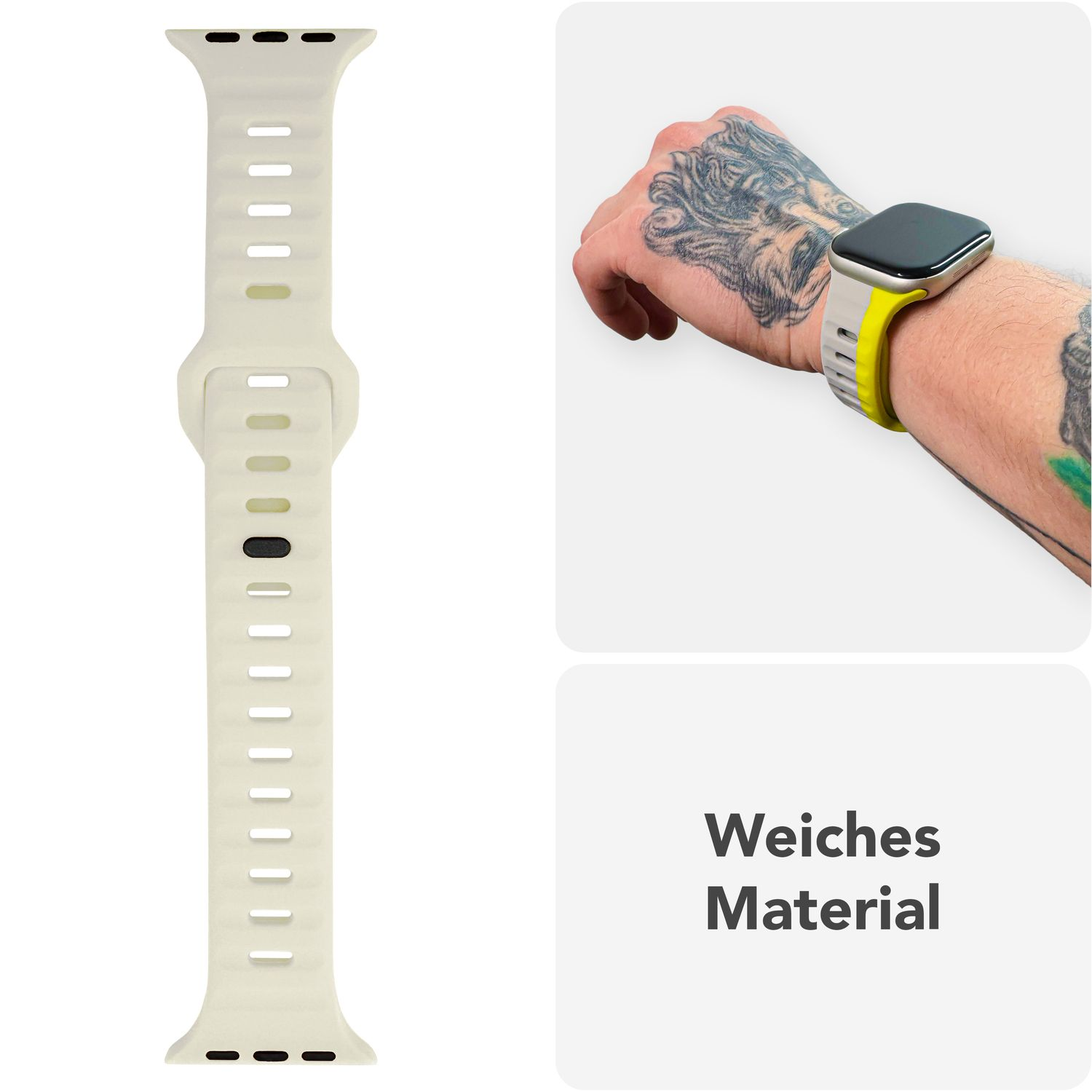 Apple Watch Armband. Cremefarbenes Armband mit Uhr am Handgelenk, Text 'Weiches Material'.