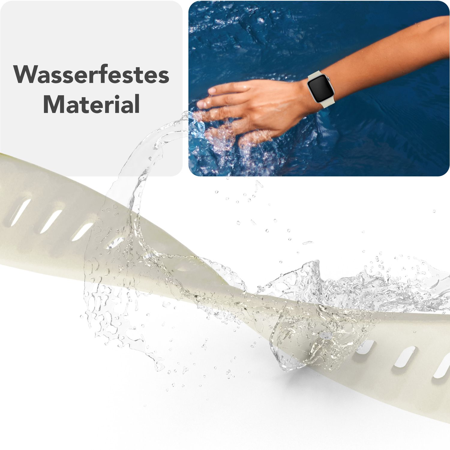 Ein cremefarbenes Uhrenarmband mit Wasserspritzern. Ein Handgelenk trägt eine Uhr im Wasser. Text: 'Wasserdichtes Material'.