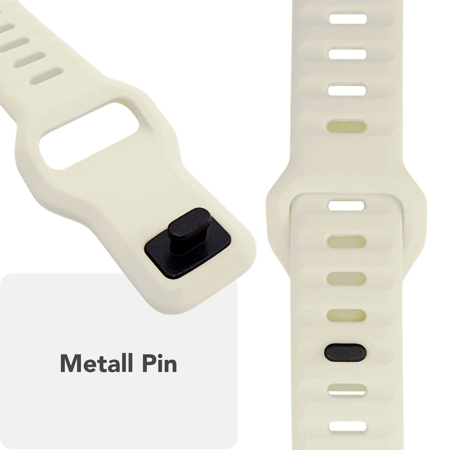 Nahaufnahme von cremefarbenen Uhrenarmbandteilen. Eines hat einen Metallstift, das andere hat Löcher.