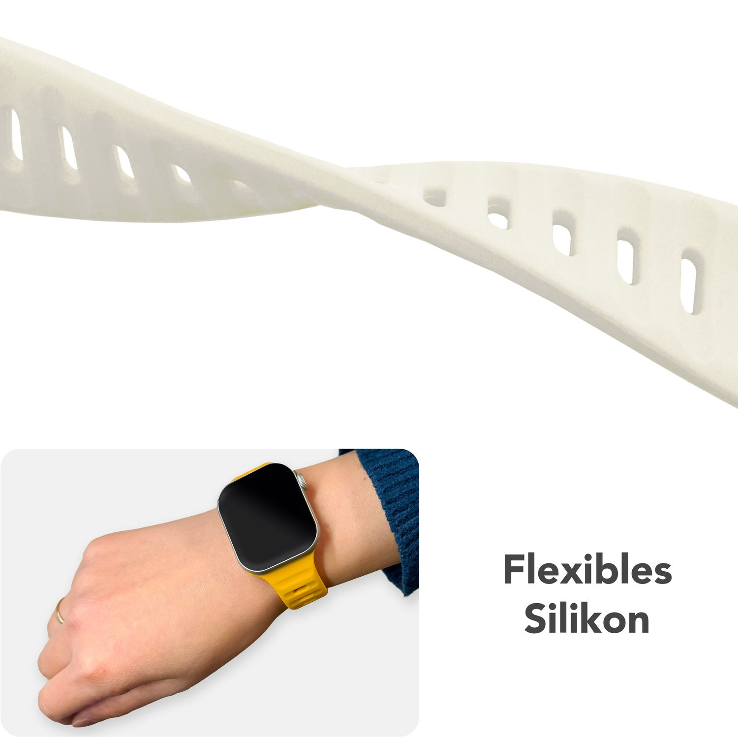 Uhrarmband, weiße Farbe. Das Bild zeigt ein Handgelenk mit Uhr, gelbem Band und dem Text 'Flexibles Silikon'.