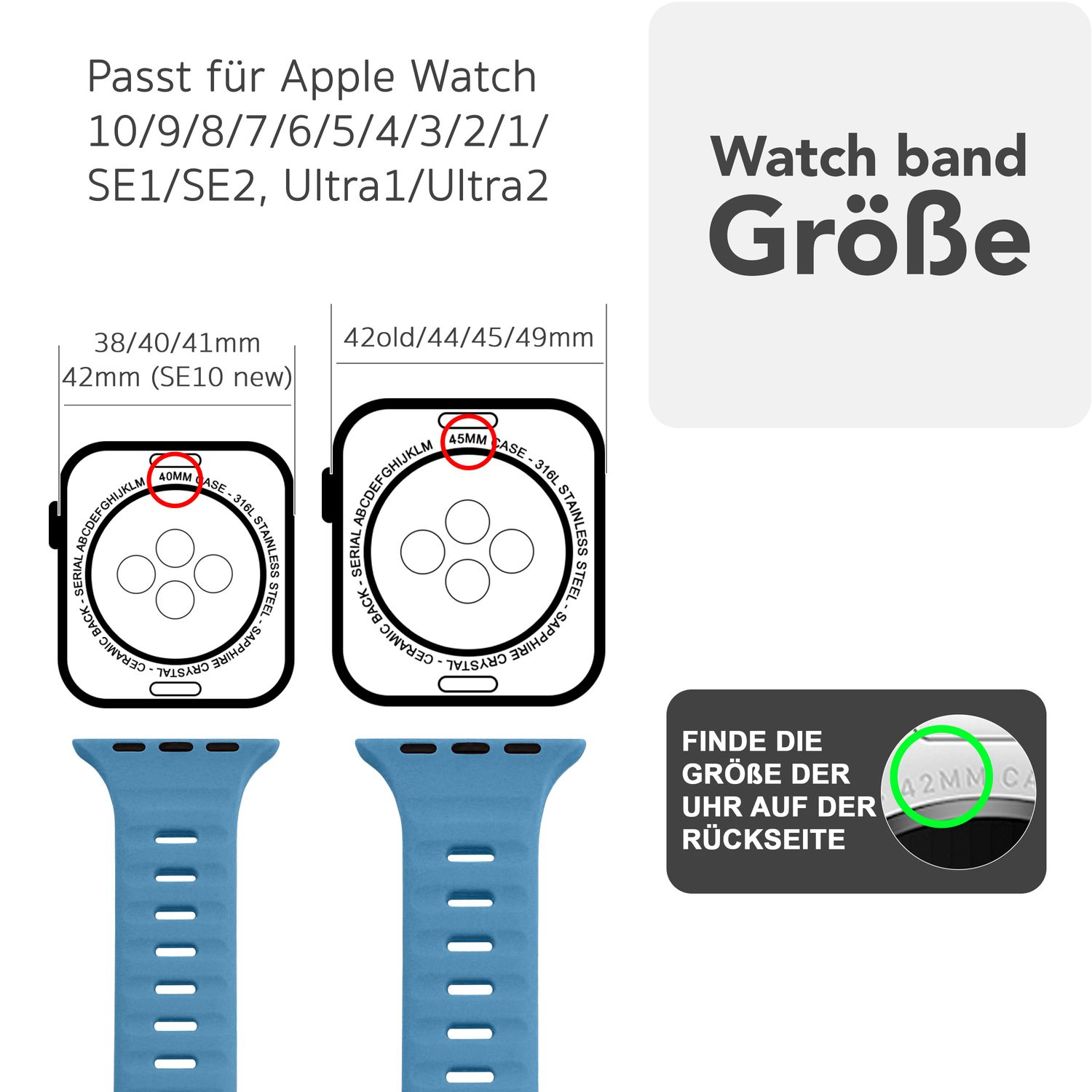Diagramm mit Armbandgrößen, kompatibel mit Apple Watch-Modellen, mit blauen Bändern und Größenangaben.