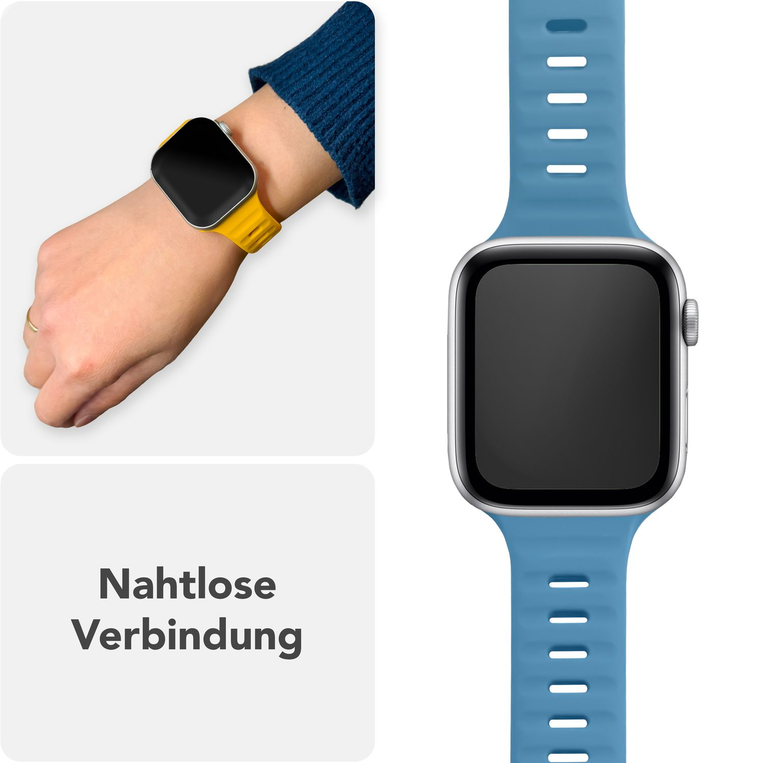 Ein blaues Uhrenarmband und ein Handgelenk mit einer gelb-schwarzen Uhr. Text: 'Nahtlose Verbindung'.
