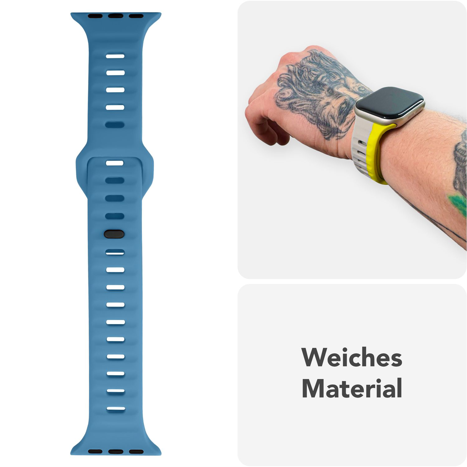 Uhrarmband, blaue Farbe. Das Bild zeigt ein Handgelenk mit Uhr und Tattoo, mit dem Text 'Weiches Material'.