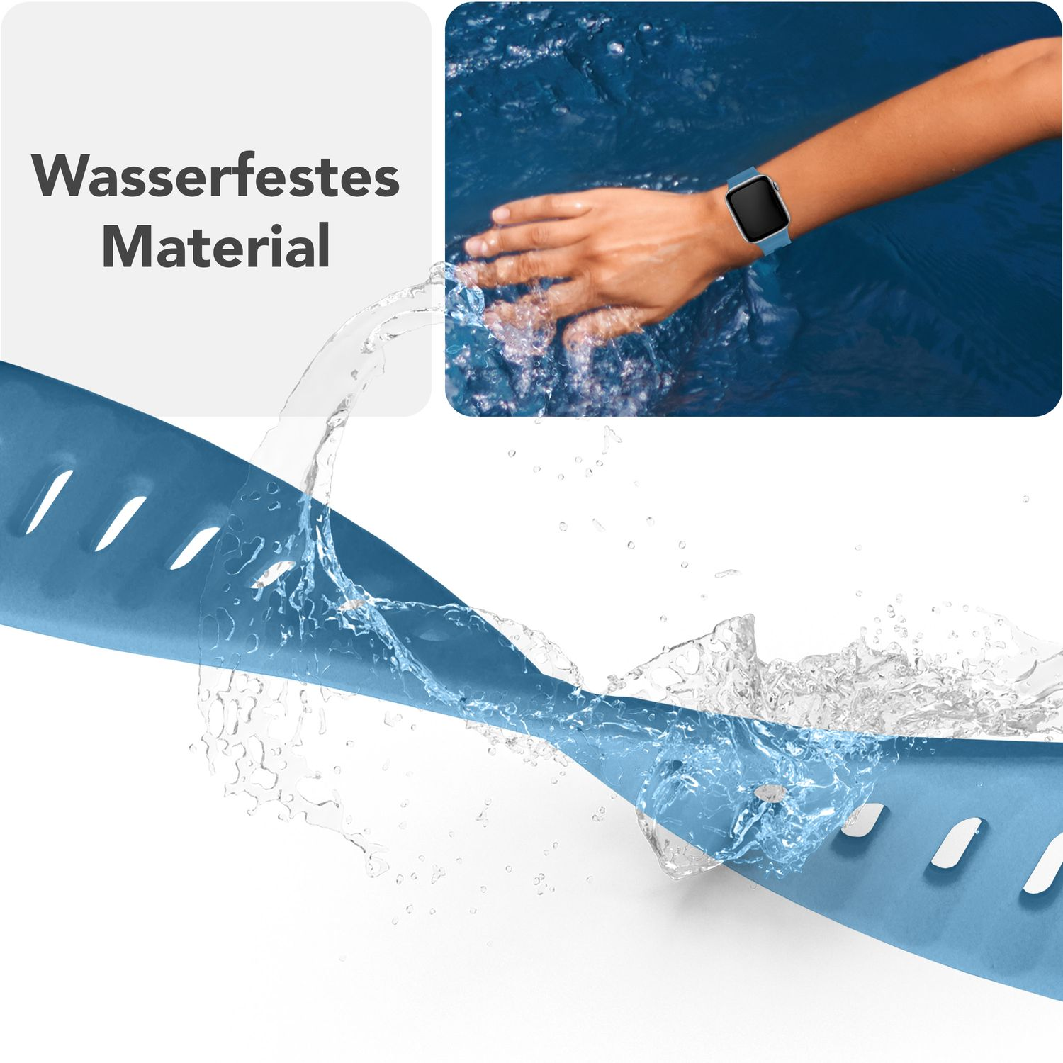 Blaues Uhrenarmband unter Wasser, mit einer Hand, die eine Uhr trägt. Text: Wasserfestes Material.