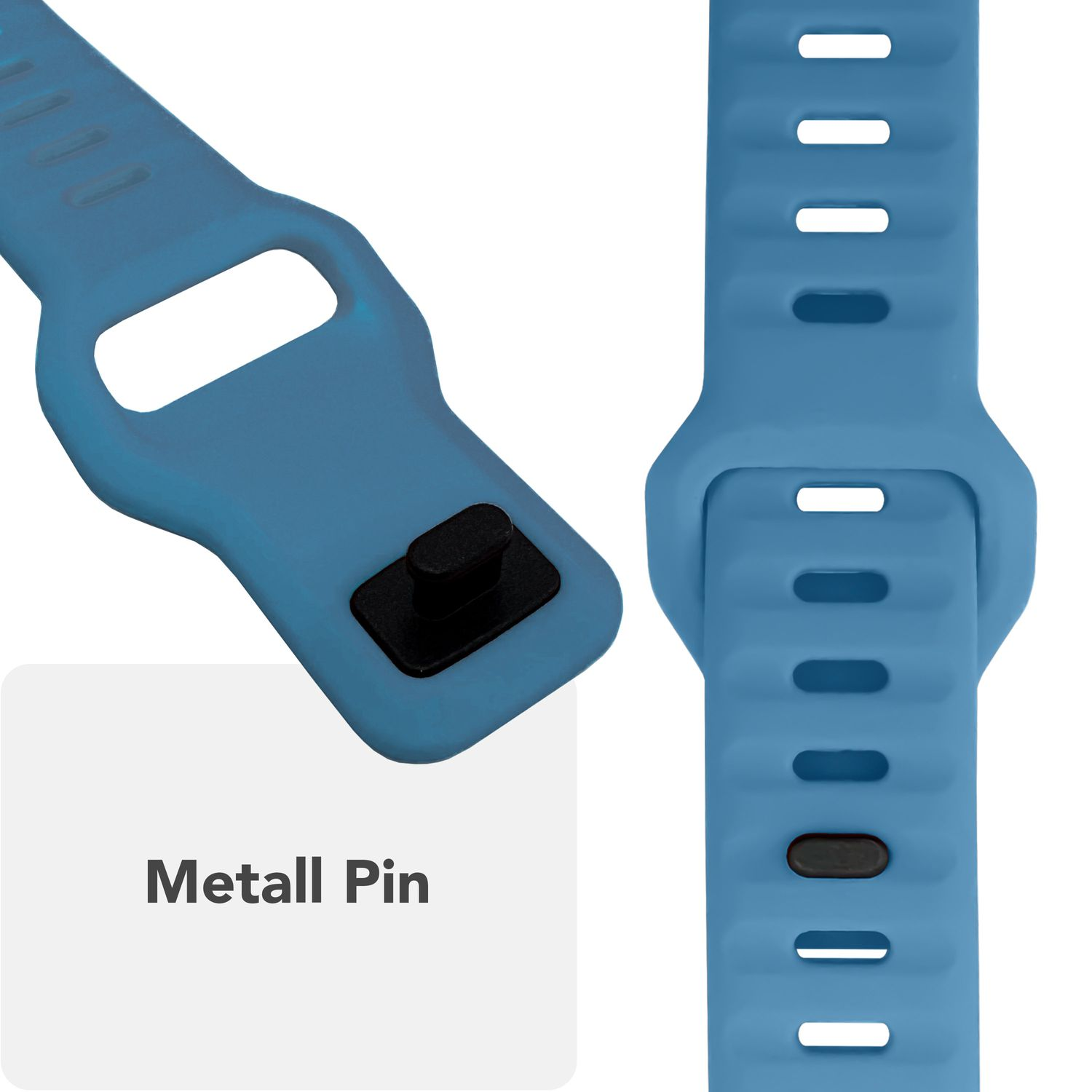 Nahaufnahme von blauen Uhrenarmbandteilen. Eines hat einen Metallstift, das andere hat Löcher. Das Band ist blau.