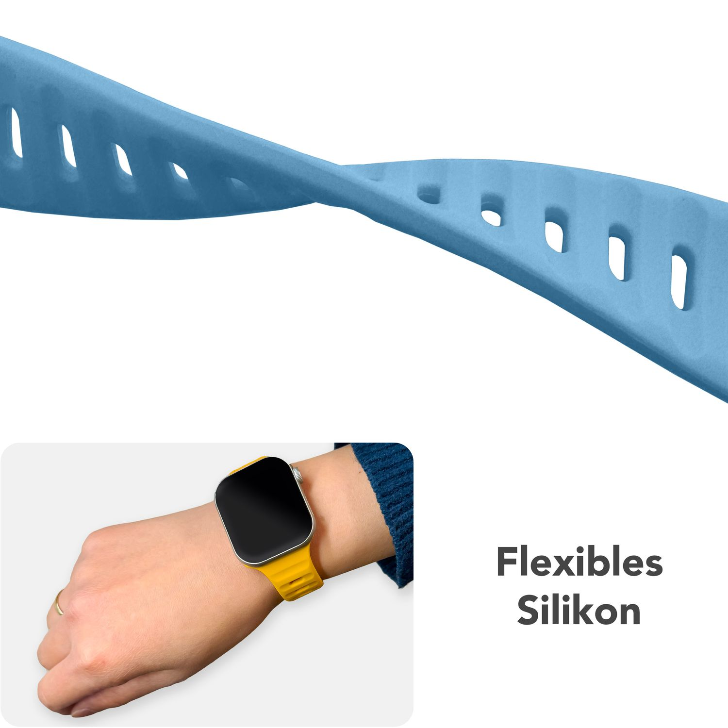 Uhrarmband, weiße Farbe. Das Bild zeigt ein Handgelenk mit Uhr, gelbem Band und dem Text 'Flexibles Silikon'.
