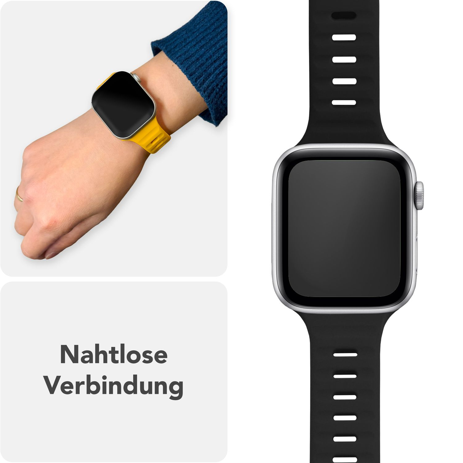 Handgelenk mit Uhr und Uhrenarmband. Text lautet: Nahtlose Verbindung.