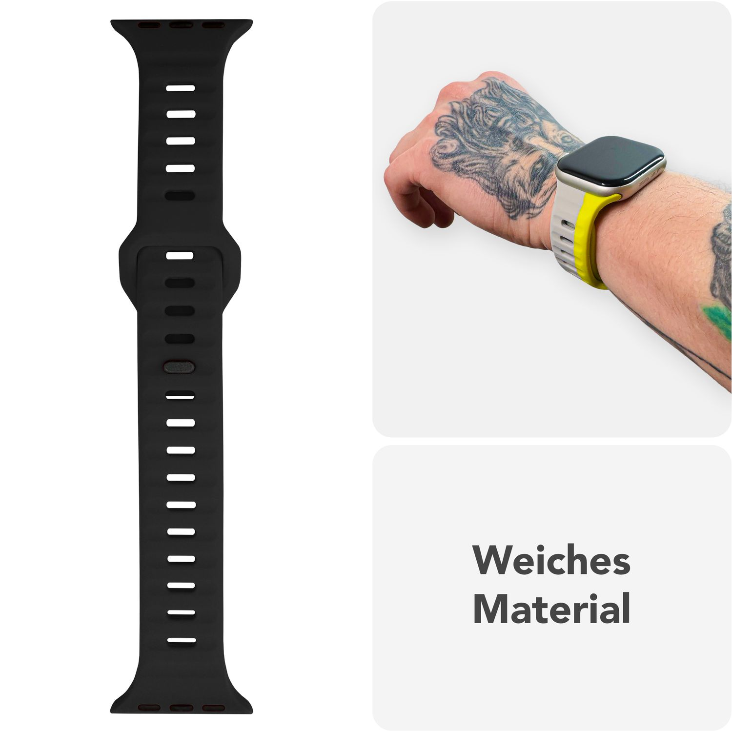 Ein schwarzes Uhrenarmband und ein Handgelenk mit Uhr. Tätowierter Arm ist sichtbar.