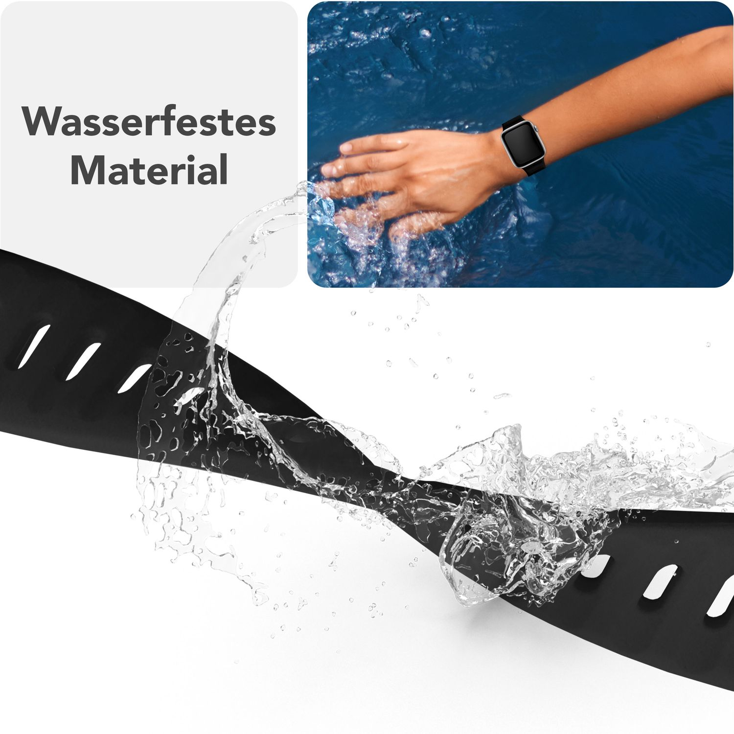 Schwarzes Uhrenarmband unter Wasser, mit einer Hand, die eine Uhr trägt. Text: Wasserfestes Material.