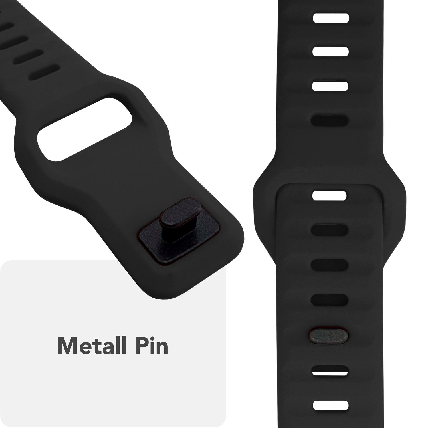 Nahaufnahme eines Uhrenarmbands. Ein schwarzer Metallstift ist auf einem weißen Quadrat beschriftet.
