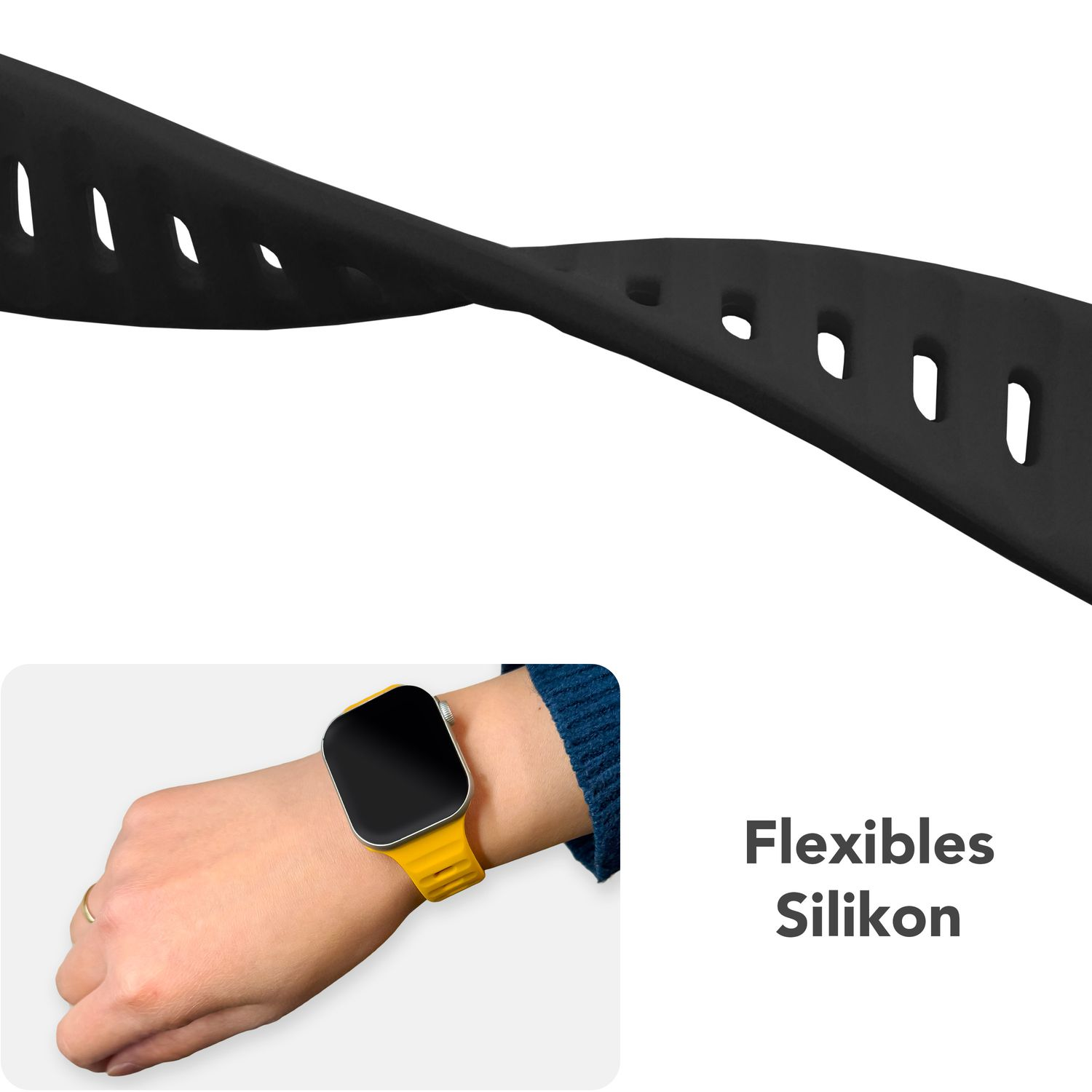 Uhrarmband, schwarze Farbe. Das Bild zeigt ein Handgelenk mit Uhr, gelbem Band und dem Text 'Flexibles Silikon'.