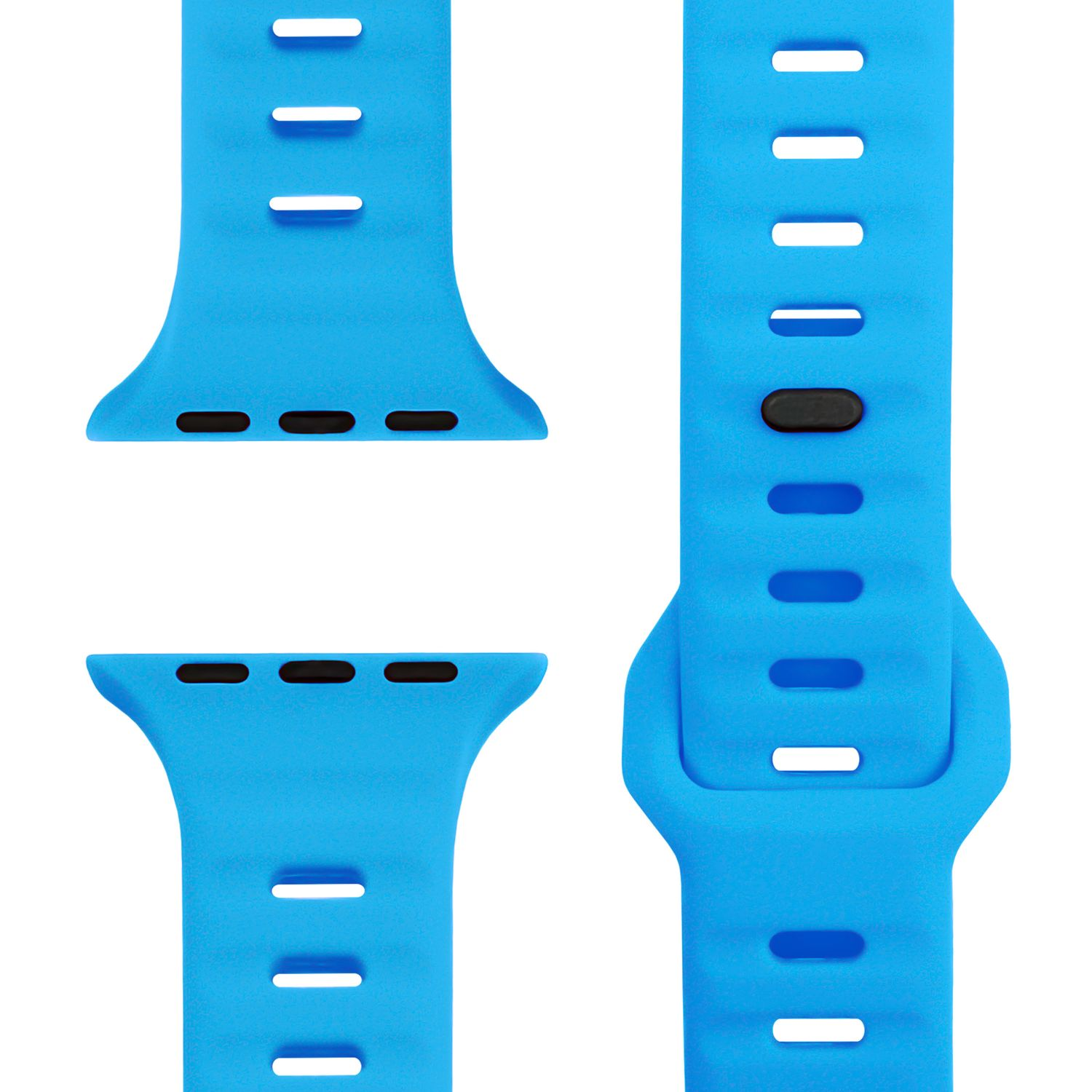 Blaue Uhrenarmbandteile. Obere, mittlere und untere Abschnitte sind sichtbar. Alle haben Ausschnitte.