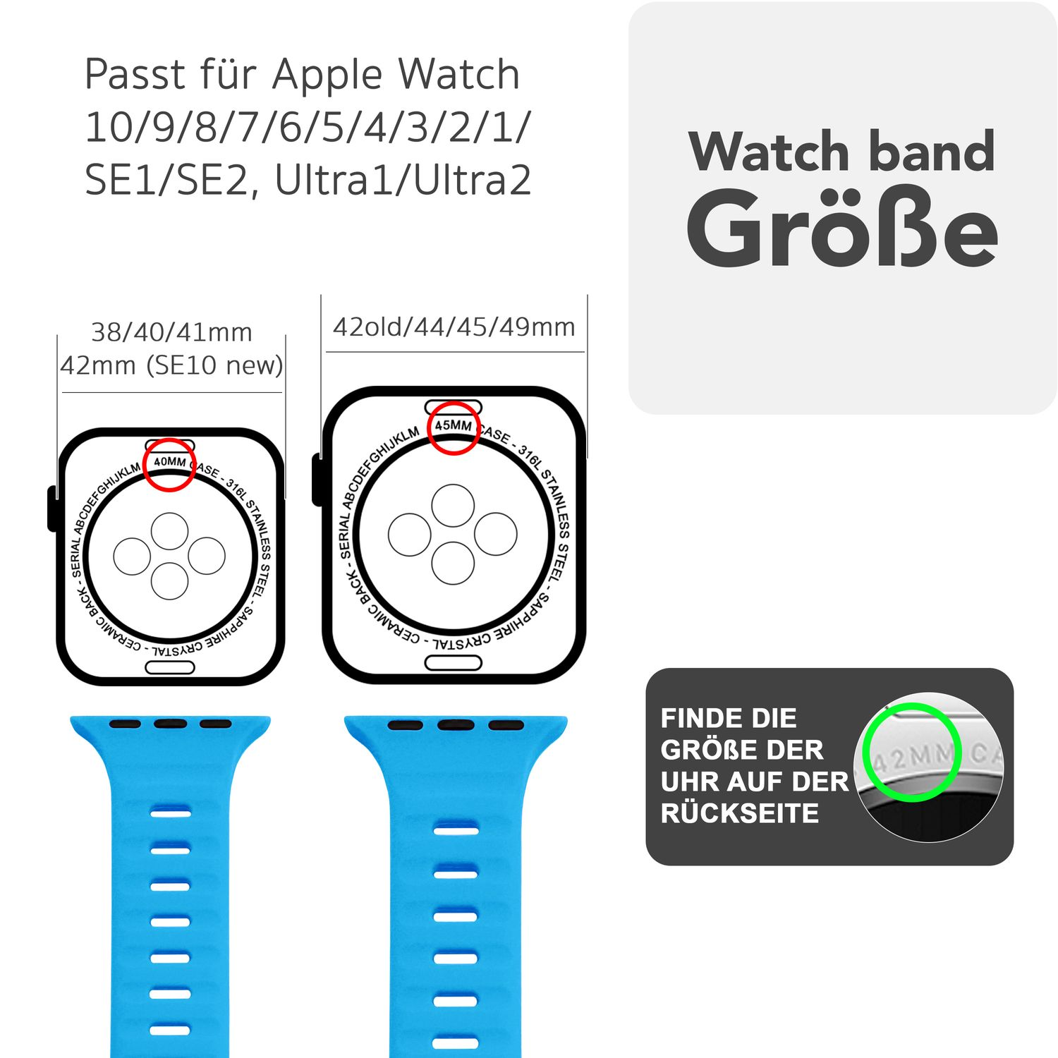 Diagramm mit Armbandgrößen, kompatibel mit Apple Watch-Modellen, mit blauen Bändern und Größenangaben.