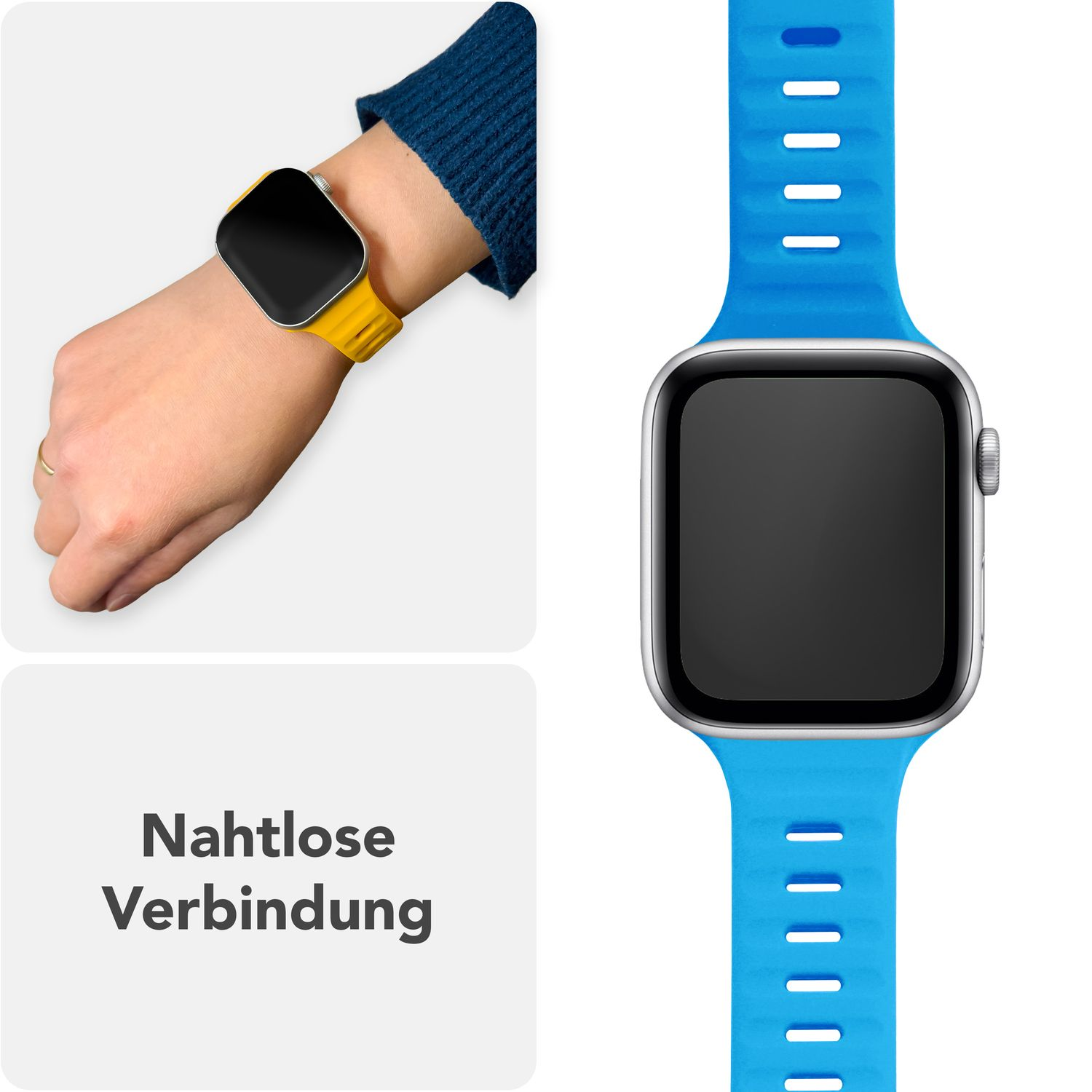 Handgelenk mit Uhr mit blauem und gelbem Band.