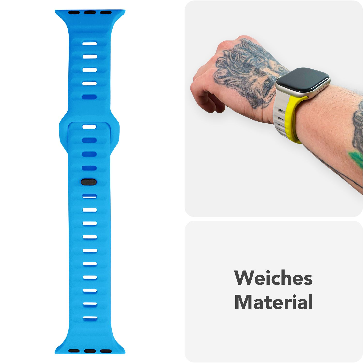 Handgelenk mit Uhr und Uhrenarmband. Text lautet: Weiches Material.