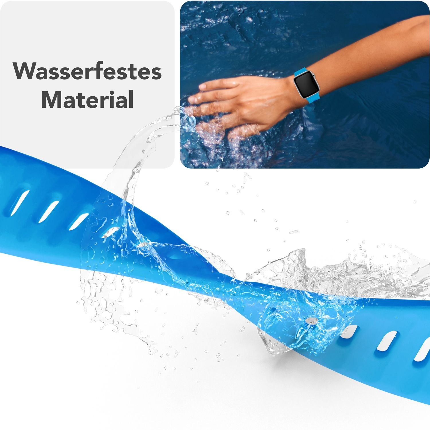 Ein blaues Uhrenarmband mit Wasserspritzern. Ein Handgelenk trägt eine Uhr im Wasser. Text: 'Wasserdichtes Material'.