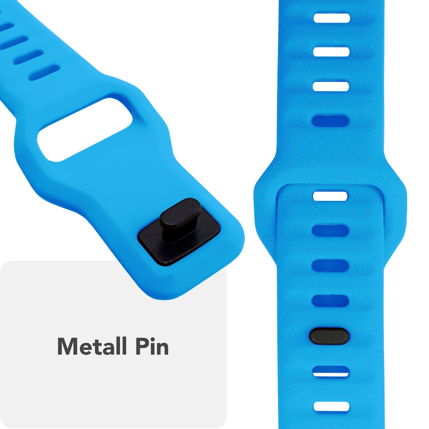 Blaues Uhrenarmband-Segment mit schwarzem Metallstift. Das Band hat vertikale Rillen und Löcher.