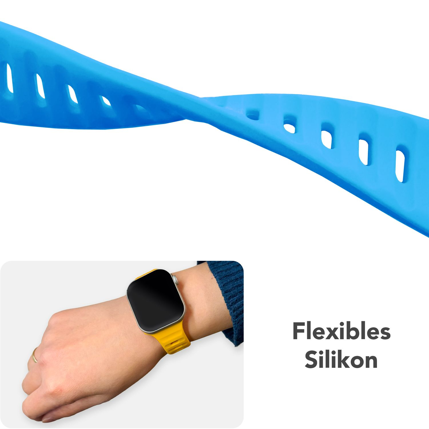 Blaues Uhrenarmband gebogen, Flexibilität zeigend. Eine gelbe Uhr am Handgelenk. Text: Flexibles Silikon.