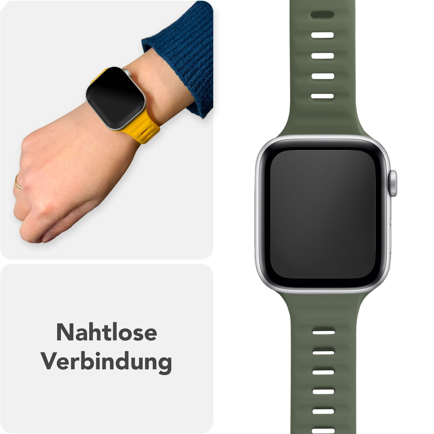 Person trägt Uhr mit grünem Armband und gelbe Uhr. Weißer Hintergrund.