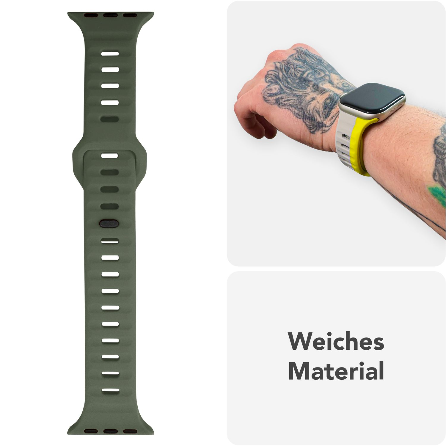 Grünes Uhrenarmband und eine Person mit einer gelben Uhr. Text: Weiches Material.