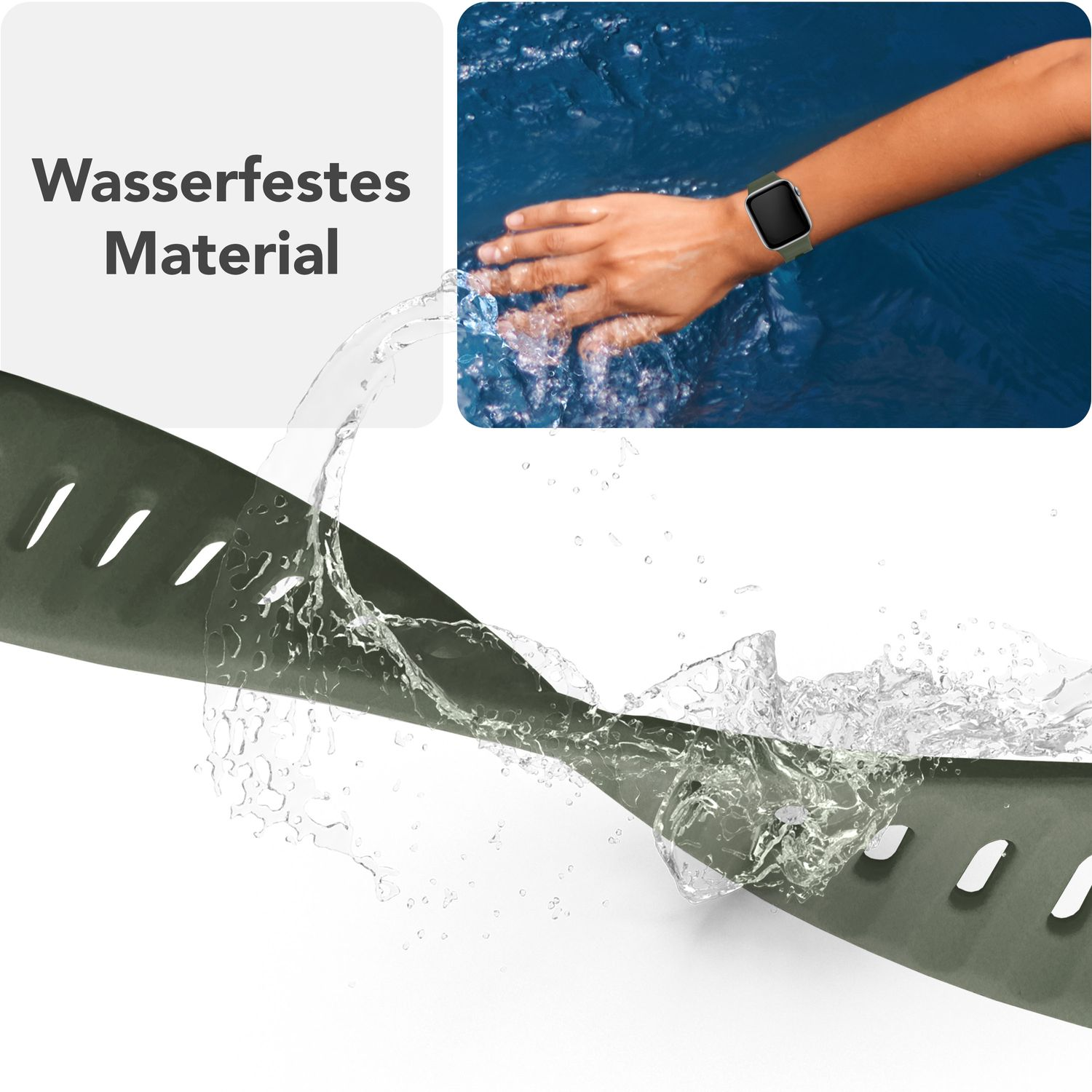 Grünes Uhrenarmband mit Wasserspritzern und eine Hand mit einer schwarzen Uhr. Text: Wasserdichtes Material.