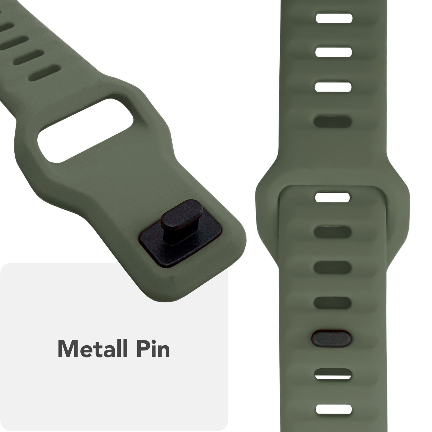 Nahaufnahme eines Uhrenarmbands. Ein schwarzer Metallstift ist auf einem weißen Quadrat beschriftet.