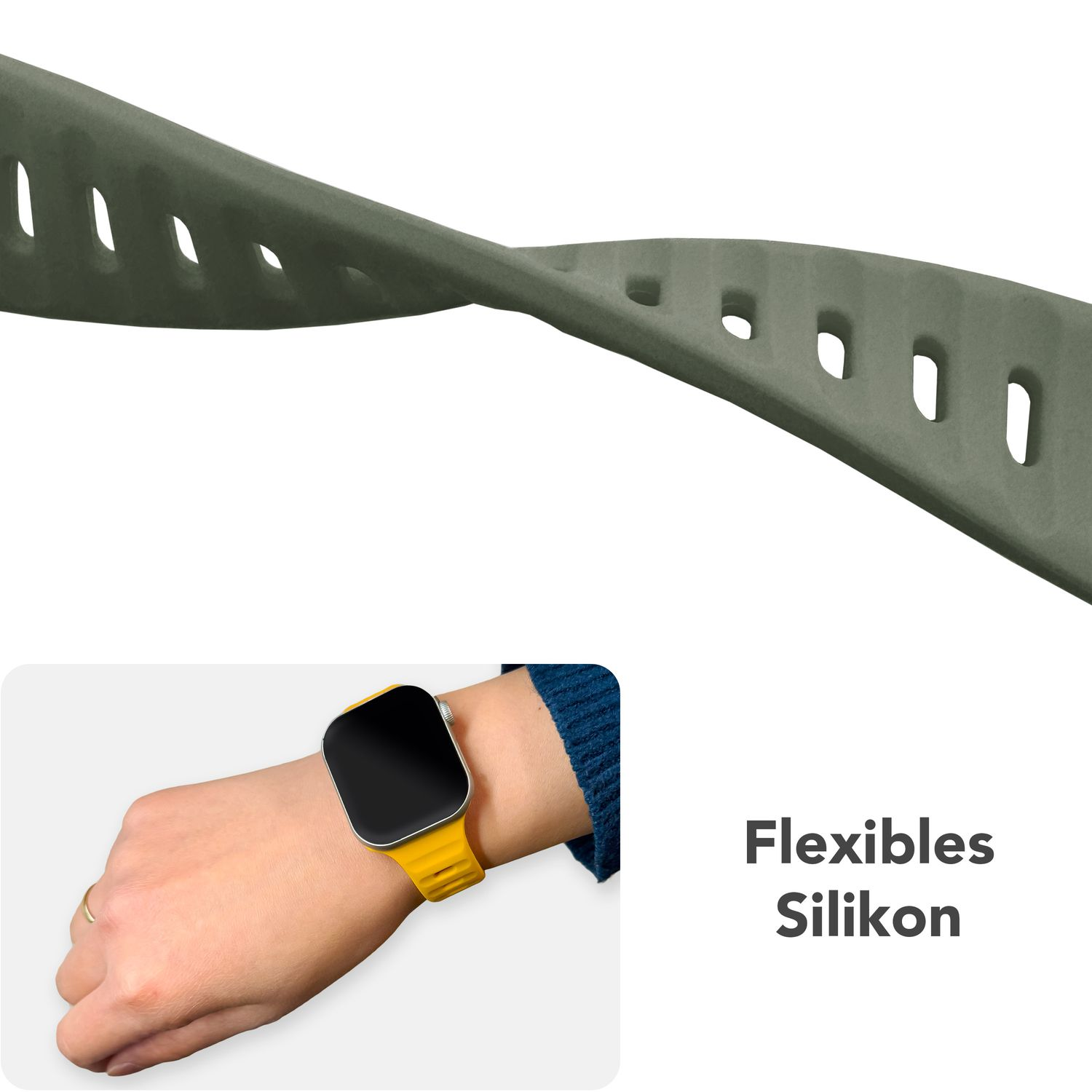 Handgelenk mit Uhr und Uhrenarmband. Text lautet: Flexibles Silikon.