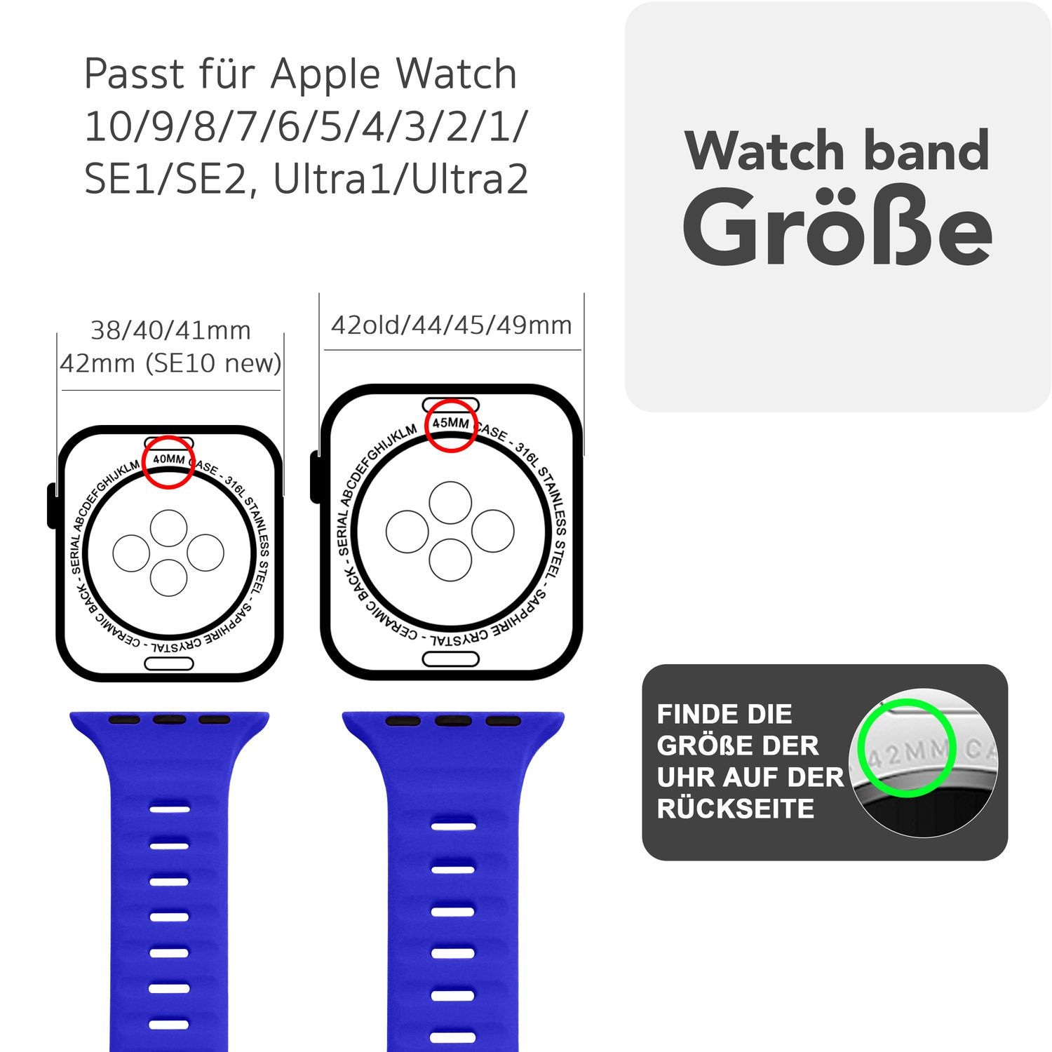 Diagramm von Apple Watch-Armbändern und -Größen, mit blauem Band und deutschem Text.