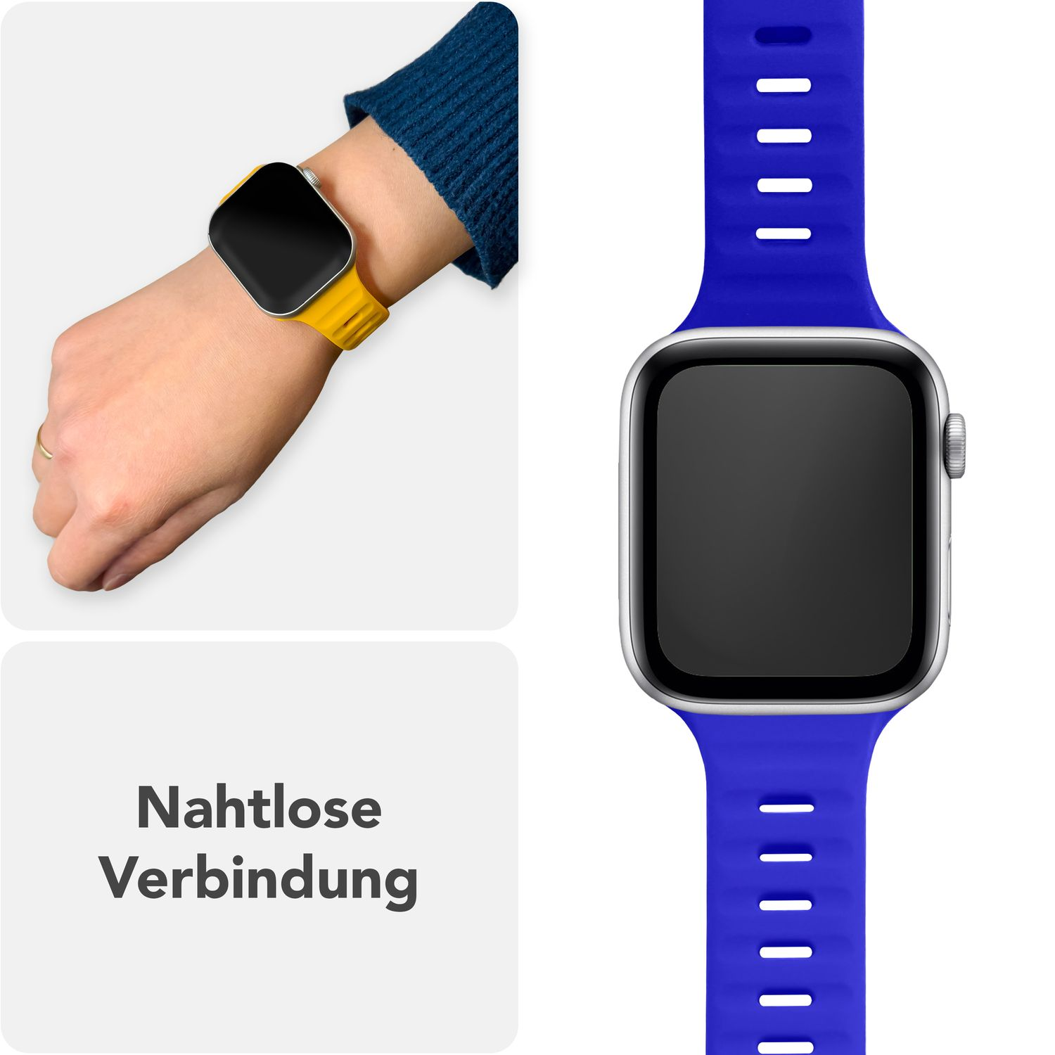 Eine Person, die ein gelbes Armband trägt, mit einem blauen daneben. Text sagt Nahtlose Verbindung.