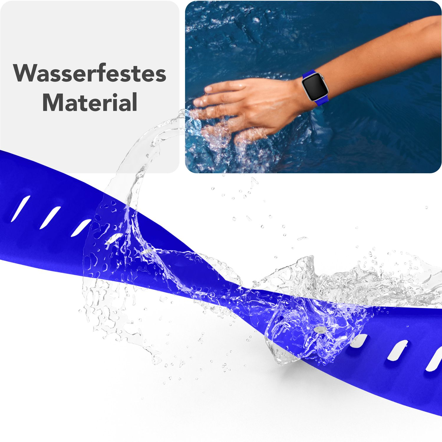 Blaues Uhrenarmband, auf das Wasser spritzt. Text sagt Wasserfestes Material.